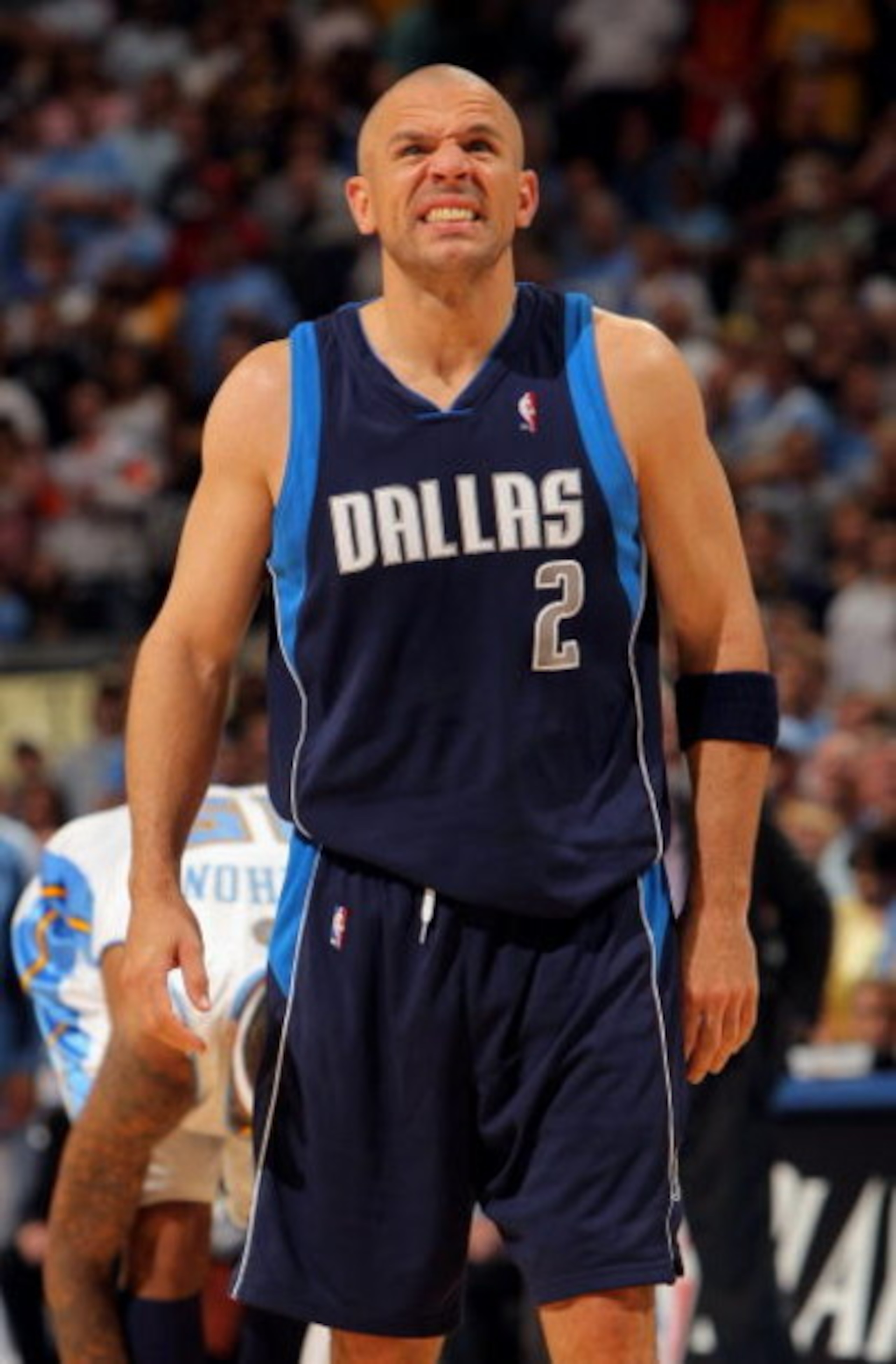 DENVER - MAY 13:  Jason Kidd #2 of the Dallas Mavericks grimaces after a fall while fouling against the Denver Nuggets in Game Five of the Western Conference Semifinals during the 2009 NBA Playoffs at Pepsi Center on May 13, 2009 in Denver, Colorado. The 