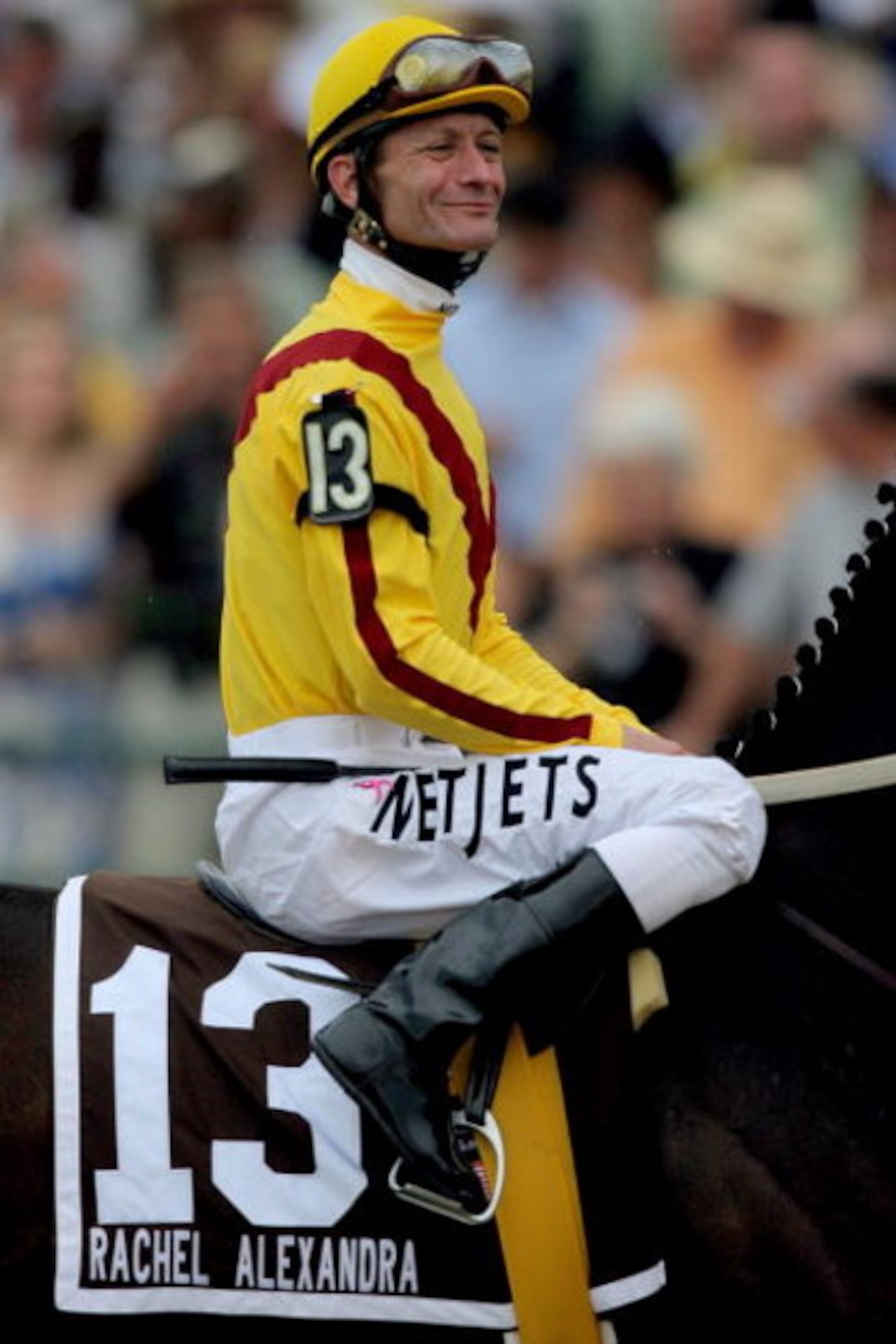 BALTIMORE - MAY 16:  Calvin Borel, riding Rachel Alexandra, before the 134th Preakness Stakes at Pimlico Race Course on May 16, 2009 in Baltimore, Maryland.  (Photo by Matthew Stockman/Getty Images)