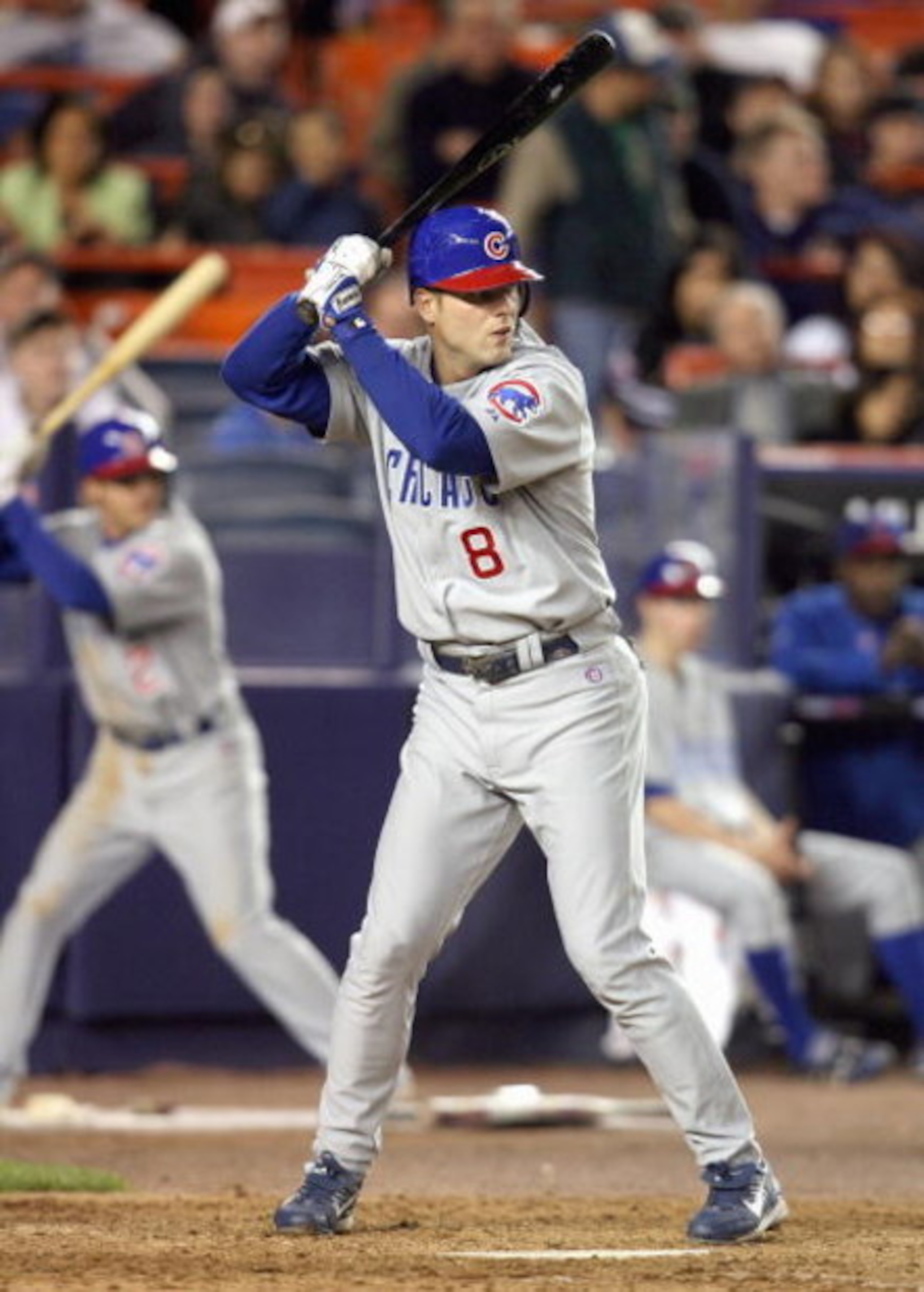NEW YORK - MAY 14: Michael Barrett #8 of the Chicago Cubs stands ready at bat as Ryan Theriot #2 gets ready at the on-deck circle during the game against the New York Mets on May 14, 2007 at Shea Stadium in the Flushing neighborhood of the Queens borough 