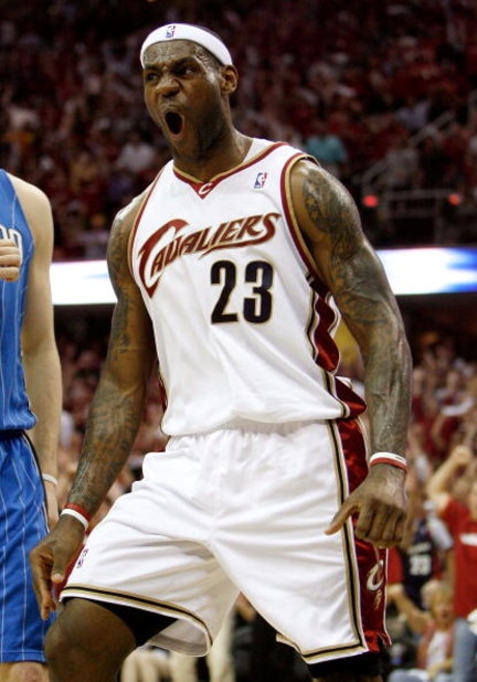 CLEVELAND - MAY 20:  LeBron James #23 of the Cleveland Cavaliers celebrates after a play against the Orlando Magic in Game One of the Eastern Conference Finals during the 2009 Playoffs at Quicken Loans Arena on May 20, 2009 in Cleveland, Ohio. NOTE TO USE