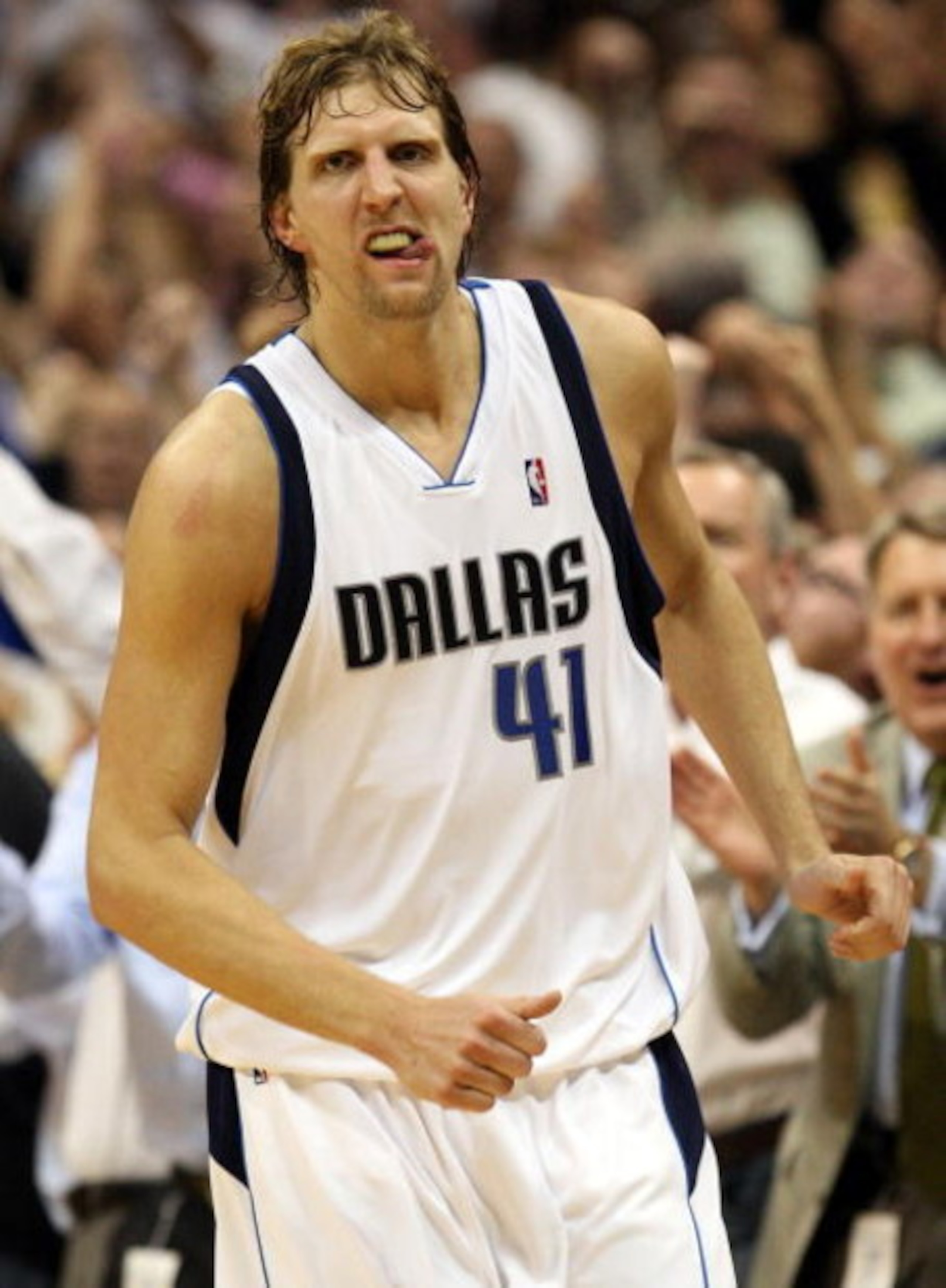 DALLAS - MAY 11:  Forward Dirk Nowtizki #41 of the Dallas Mavericks reacts after scoring to take a two-point lead against the Denver Nuggets in Game Four of the Western Conference Semifinals during the 2009 NBA Playoffs at American Airlines Center on May 