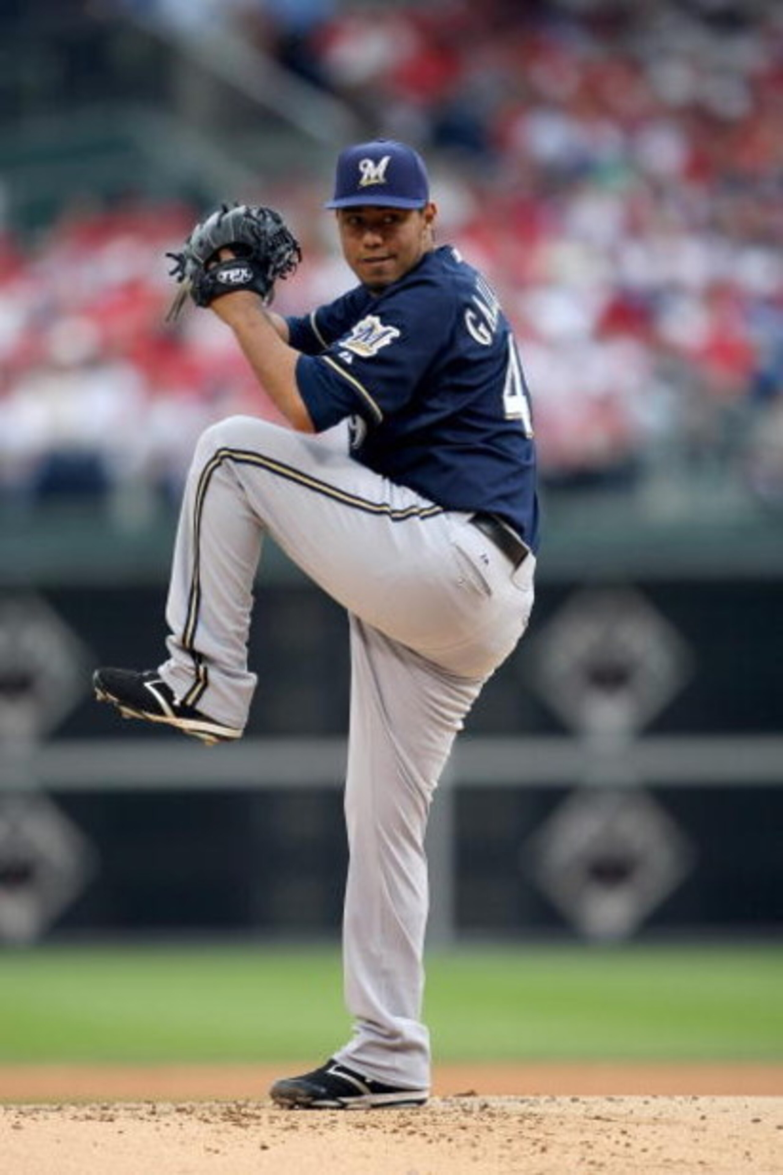 PHILADELPHIA - OCTOBER 1:  Yovani Gallardo #49 of the Milwaukee Brewers pitches during Game 1 of the NLDS Playoffs against the Philadelphia Phillies at Citizens Bank Ballpark on October 1, 2008 in Philadelphia, Pennsylvania. The Phillies defeated the Brew