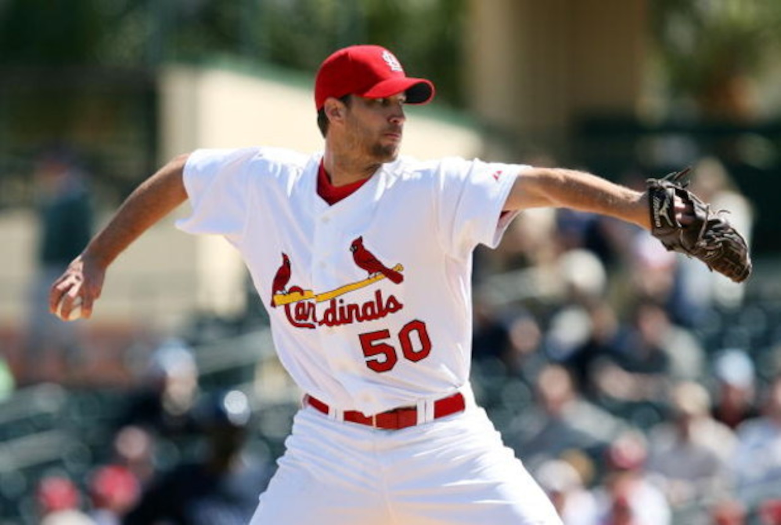 JUPITER, FL - MARCH 02:  Starting pitcher Adam Wainwright #50 of the St. Louis Cardinals pitches against the Tampa Bay Rays during a spring training game at Roger Dean Stadium on March 2, 2009 in Jupiter, Florida. The Rays defeated the Cardinals 8-5.  (Ph