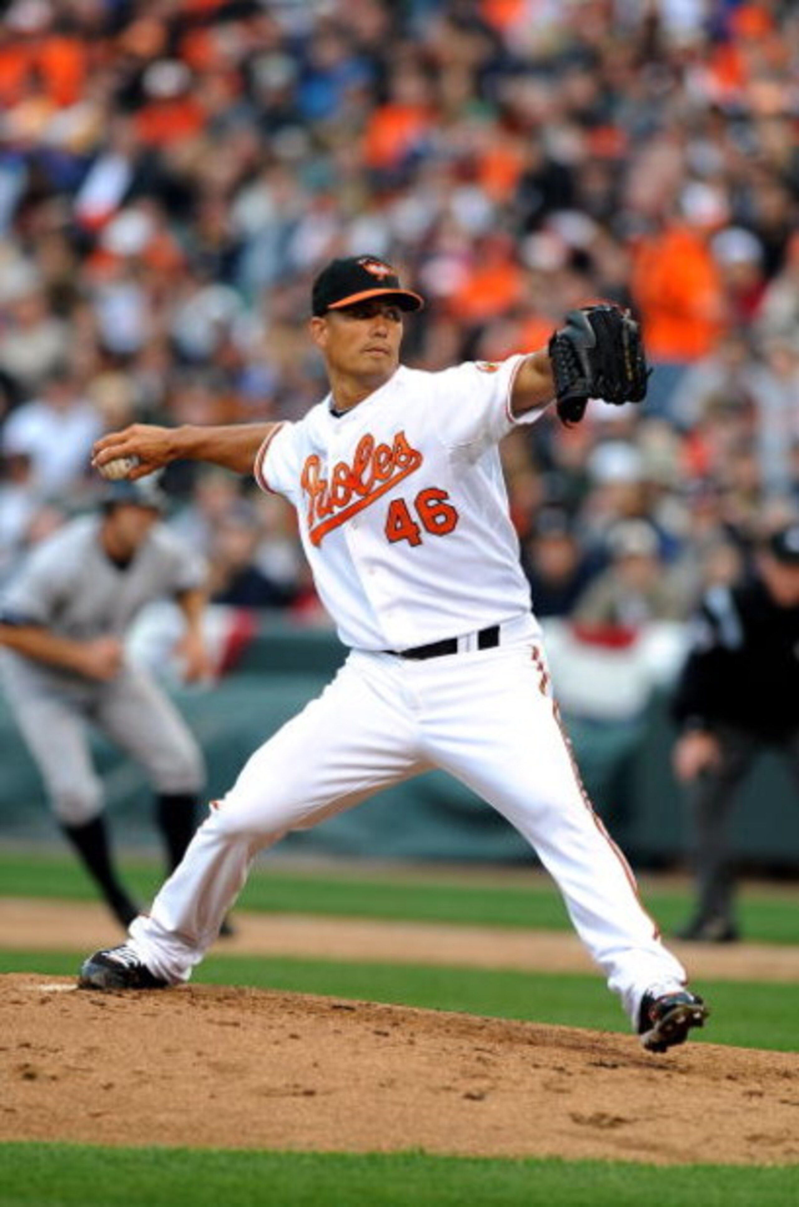 BALTIMORE - APRIL 06:  Jeremy Guthrie #46 of the Baltimore Orioles pitches against the New York Yankees during opening day on April 6, 2009 at Camden Yards in Baltimore, Maryland.  (Photo by Greg Fiume/Getty Images)