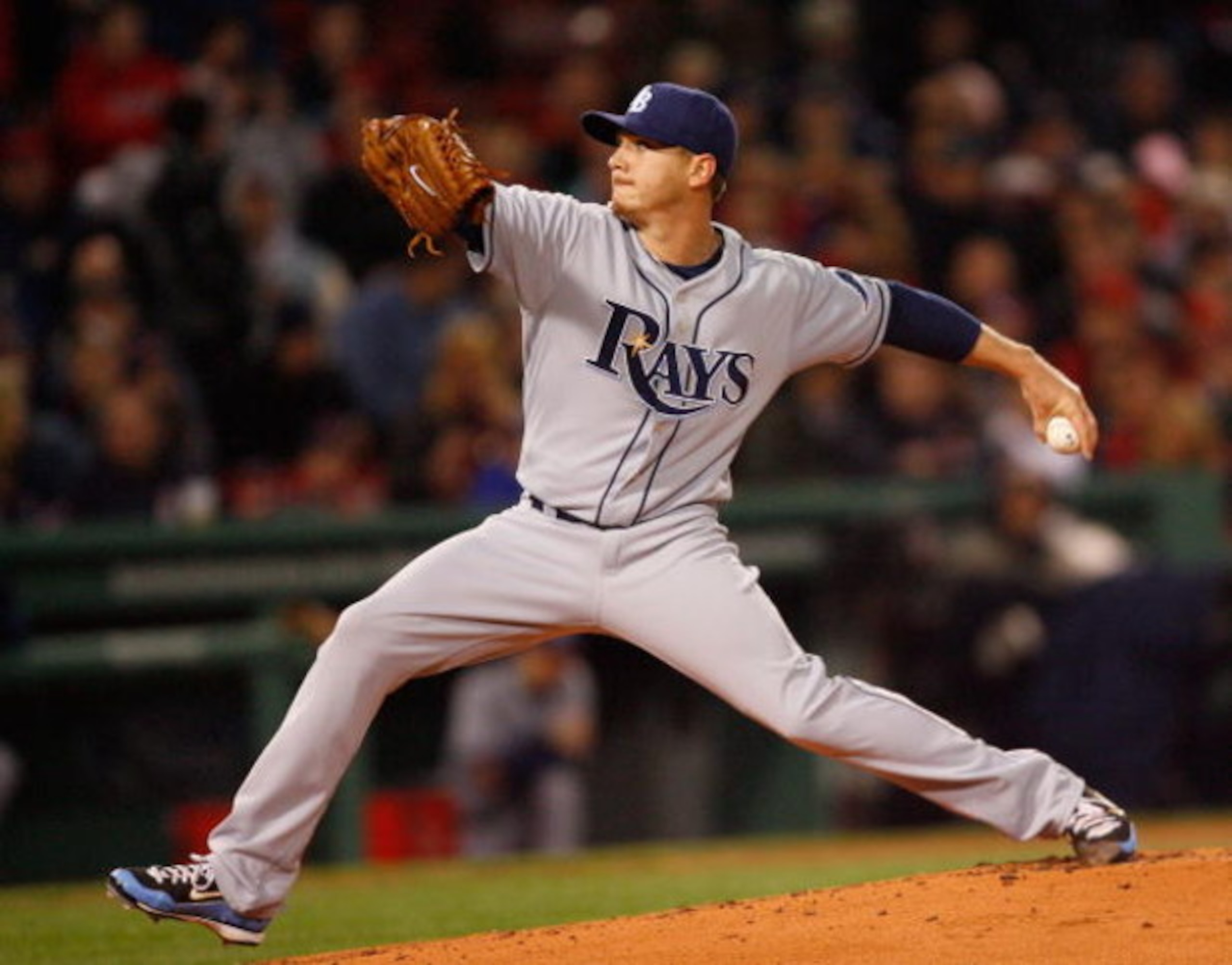 BOSTON - APRIL 8: Scott Kazmir #19 of the Tampa Bay Rays throws against the Boston Red Sox at Fenway Park, April 8, 2009, in Boston, Massachusetts. (Photo by Jim Rogash/Getty Images)