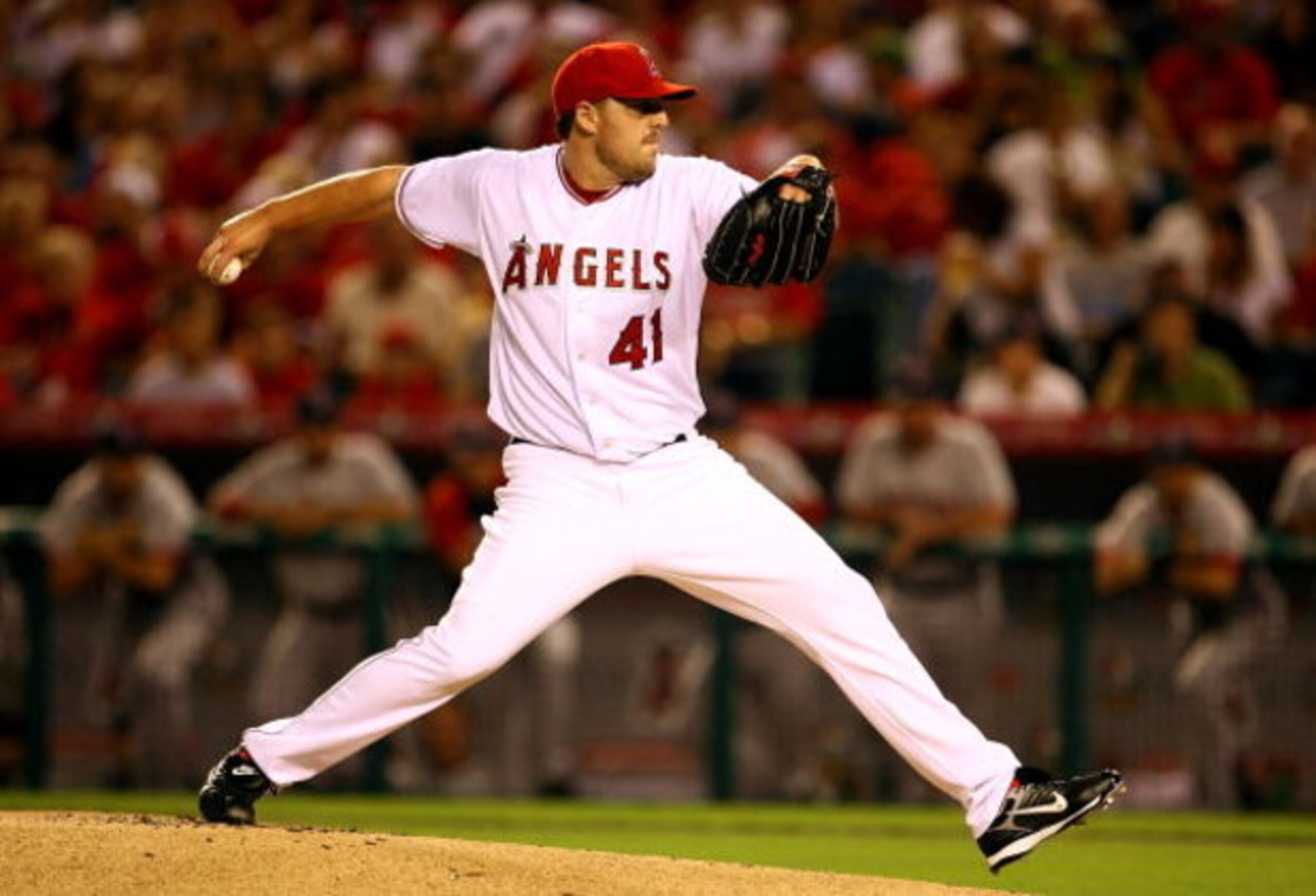 ANAHEIM, CA - OCTOBER 01:  Starting pitcher John Lackey #41 of the Los Angeles Angels of Anaheim delivers a pitch in the first inning against the Boston Red Sox during game one of the American League Division Series at Angel Stadium on October 1, 2008 in 