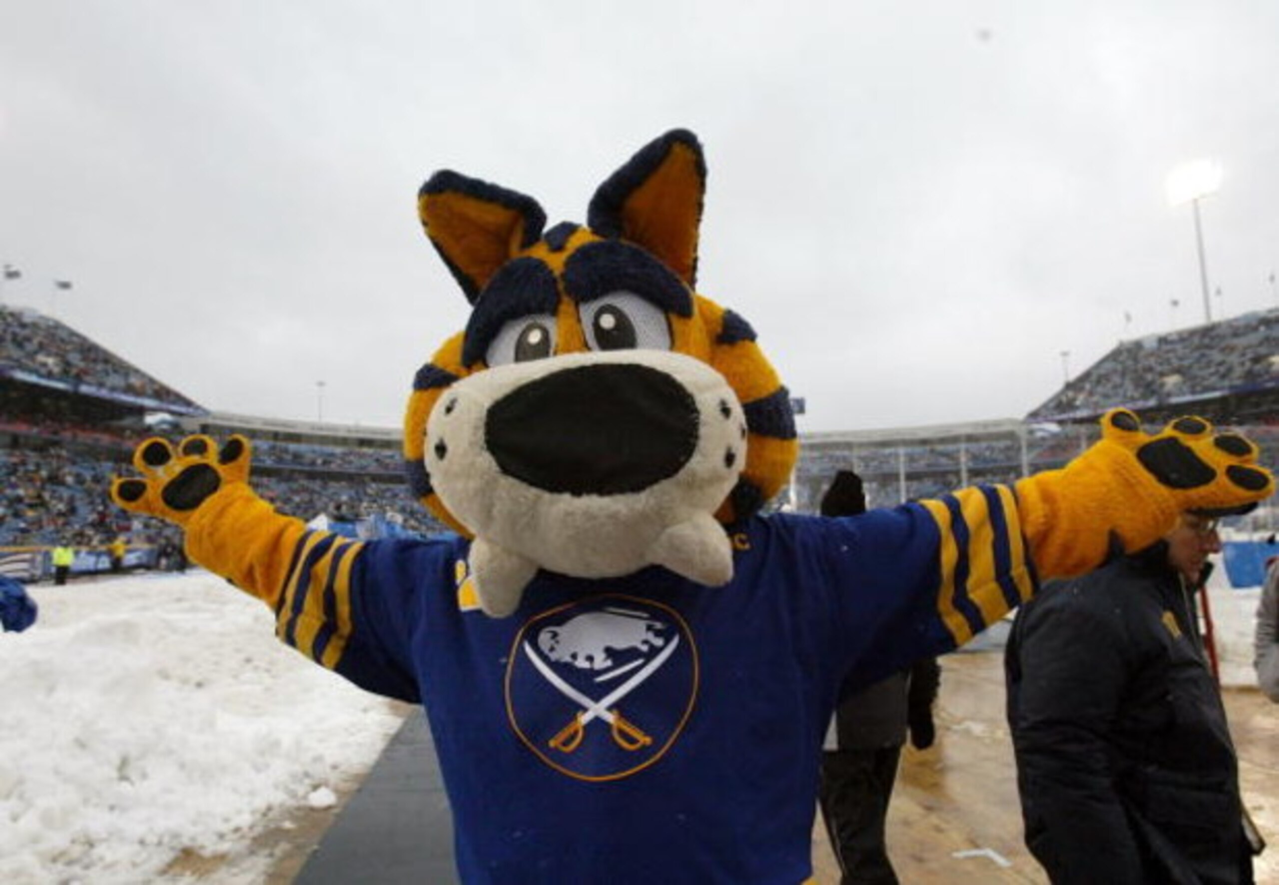 ORCHARD PARK, NY - JANUARY 01:  The Buffalo Sabres mascot, Sabretooth, cheers during the NHL Winter Classic between the Buffalo Sabres and the Pittsburgh Penguins at the Ralph Wilson Stadium on January 1, 2008 in Orchard Park, New York.  The Penguins won 