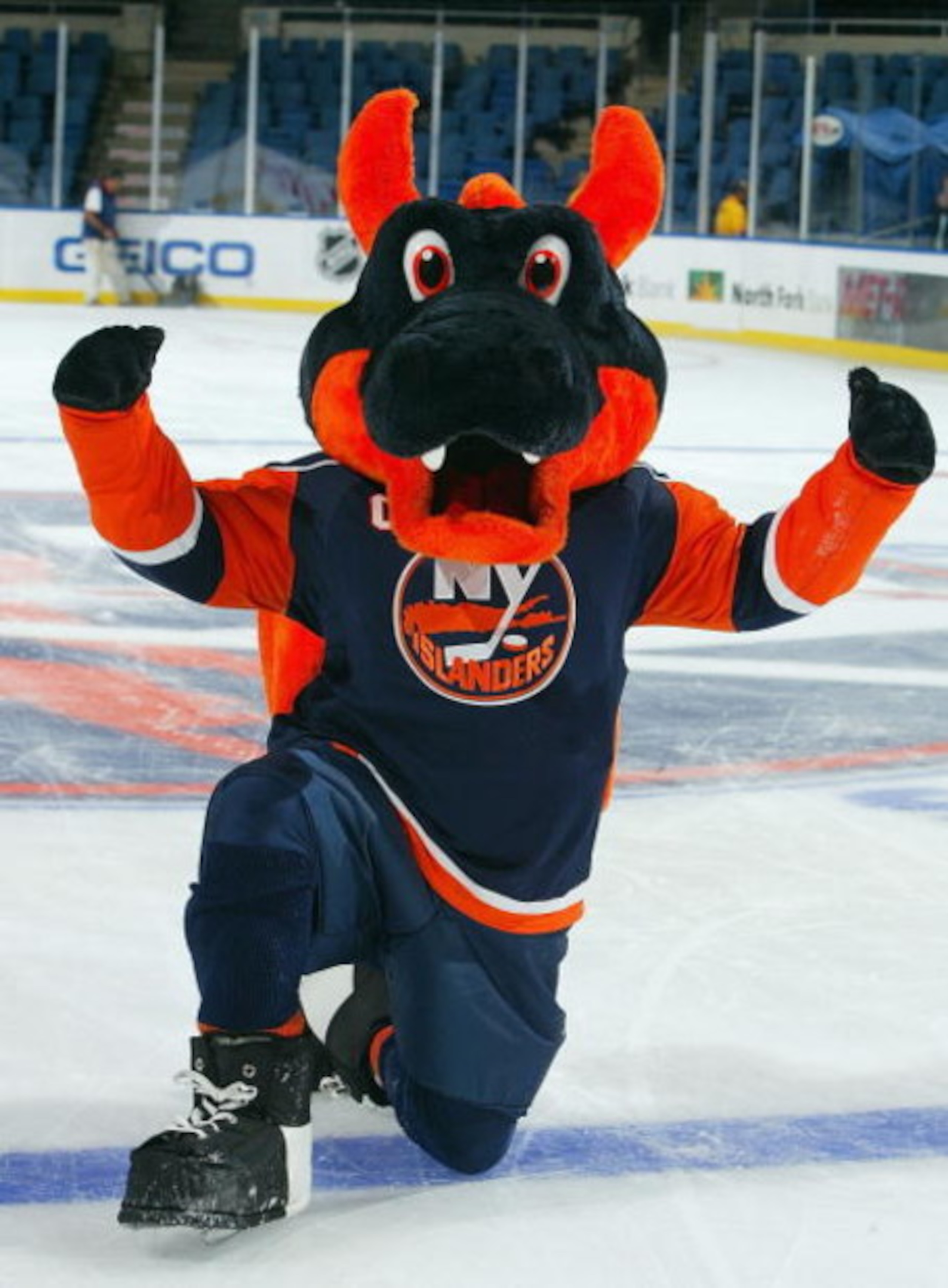 UNIONDALE, NY - SEPTEMBER 24: New York Islanders mascot, Sparky, poses for a photo before the game against  the New York Rangers during their NHL preseason game on September 24, 2007 at Nassau Coliseum in Uniondale, New York. (Photo by Jim McIsaac/Getty I