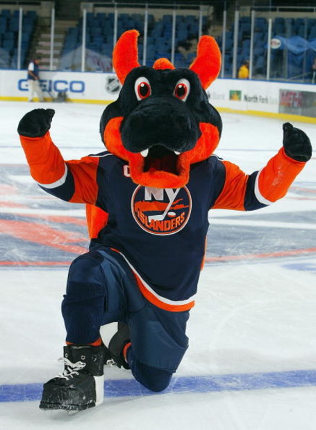 UNIONDALE, NY - SEPTEMBER 24: New York Islanders mascot, Sparky, poses for a photo before the game against  the New York Rangers during their NHL preseason game on September 24, 2007 at Nassau Coliseum in Uniondale, New York. (Photo by Jim McIsaac/Getty I