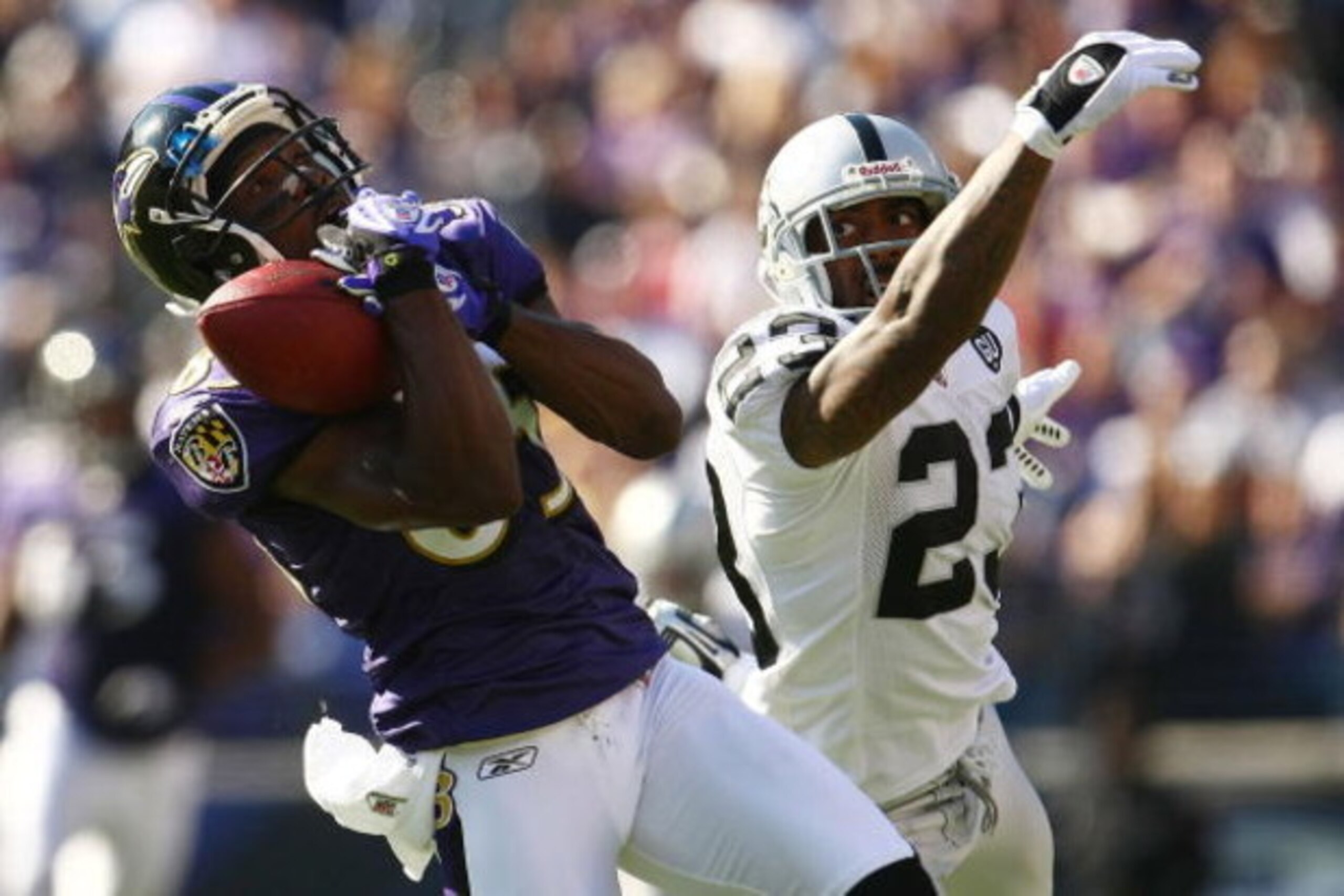 BALTIMORE - OCTOBER 26: Derrick Mason #85 of the Baltimore Ravens makes a catch under pressure from DeAngelo Hall #23 of the Oakland Raiders during the game at M&T Bank Stadium October 26, 2008 in Baltimore, Maryland.  (Photo by Chris McGrath/Getty Images
