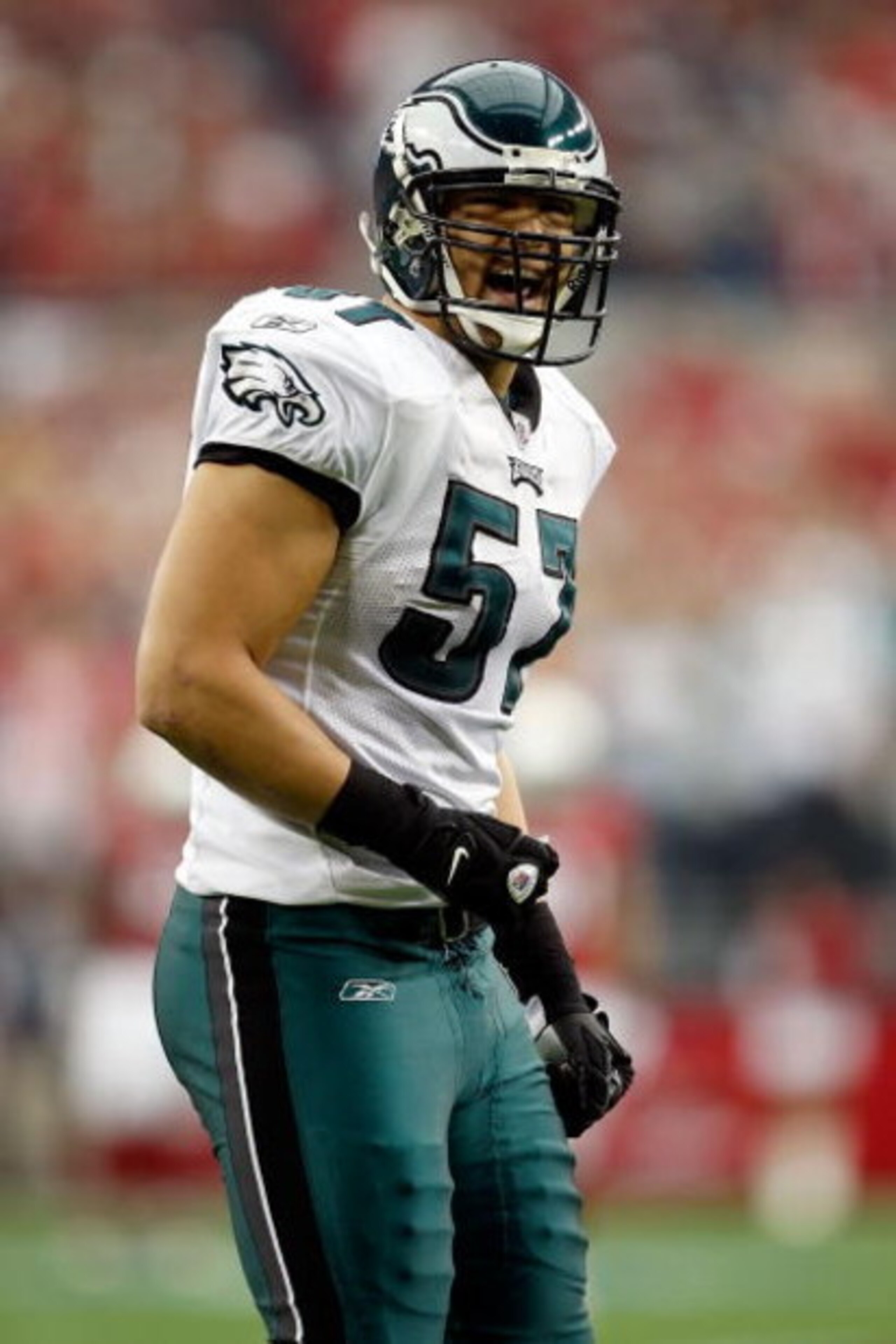 GLENDALE, AZ - JANUARY 18:  Linebacker Chris Gocong #57 of the Philadelphia Eagles reacts after a play in the first quarter against the Arizona Cardinals during the NFC championship game on January 18, 2009 at University of Phoenix Stadium in Glendale, Ar