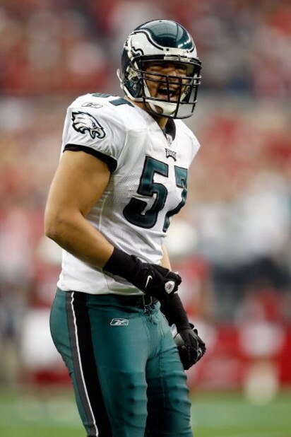 GLENDALE, AZ - JANUARY 18: Linebacker Chris Gocong #57 of the Philadelphia Eagles reacts after a play in the first quarter against the Arizona Cardinals during the NFC championship game on January 18, 2009 at University of Phoenix Stadium in Glendale, Ar GLENDALE, AZ - JANUARY 18: Linebacker Chris Gocong #57 of the Philadelphia Eagles reacts after a play in the first quarter against the Arizona Cardinals during the NFC championship game on January 18, 2009 at University of Phoenix Stadium in Glendale, Ar