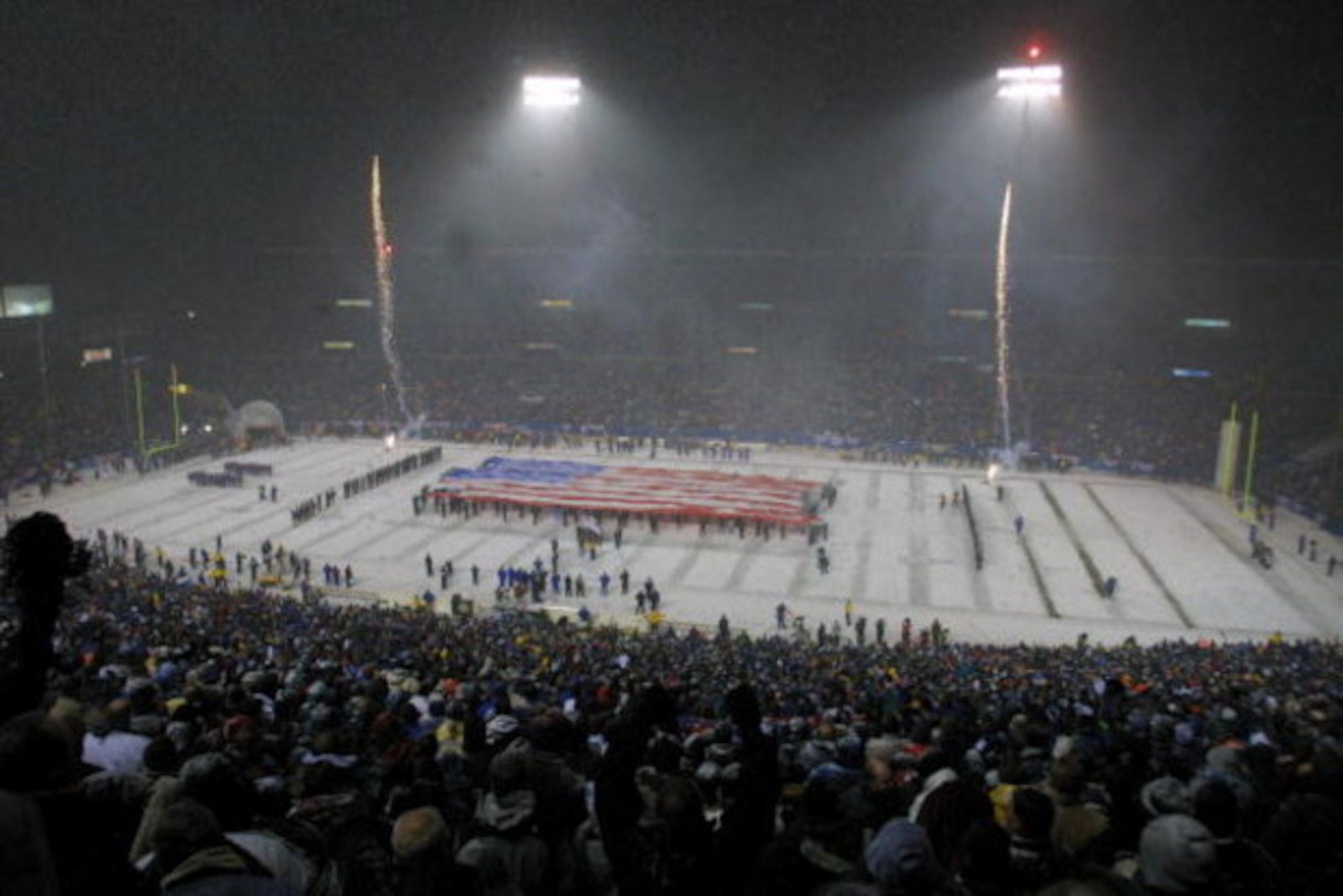 19 Jan 2002:  A general view of the pre game ceremony before the AFC playoff game between the Oakland Raiders the New England Patriots at Foxboro Stadium in Foxboro, Massachusetts. The Patriots came from behind to win 16-13 in overtime. Digital Image Mand