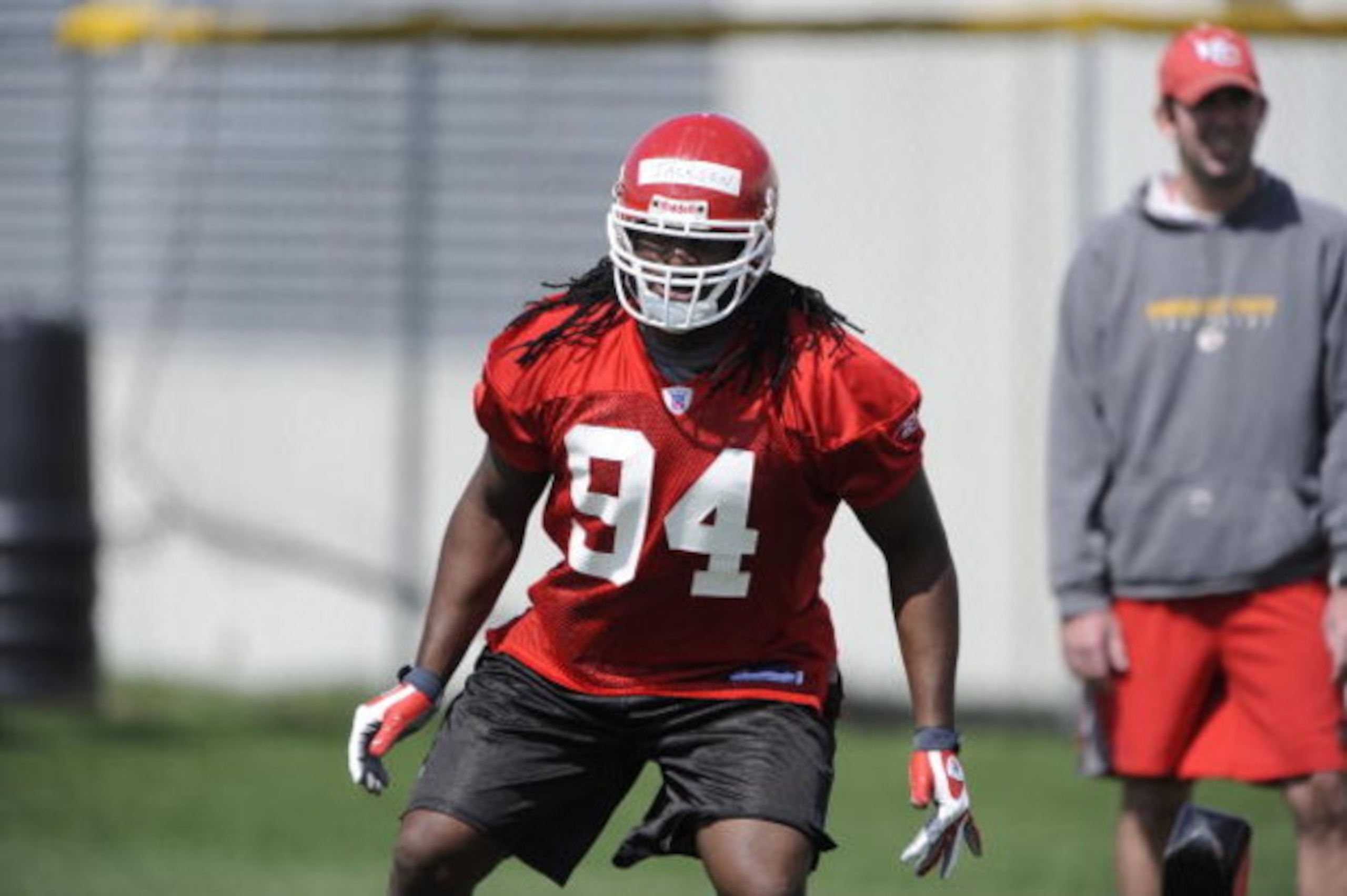 KANSAS CITY, MO - MAY 9:  First round draft choice Tyson Jackson #94 of the Kansas City Chiefs goes through a drill during rookie minicamp at the Chiefs practice facility on May 9, 2009 in Kansas City, Missouri. (Photo by G. Newman Lowrance/Getty Images)
