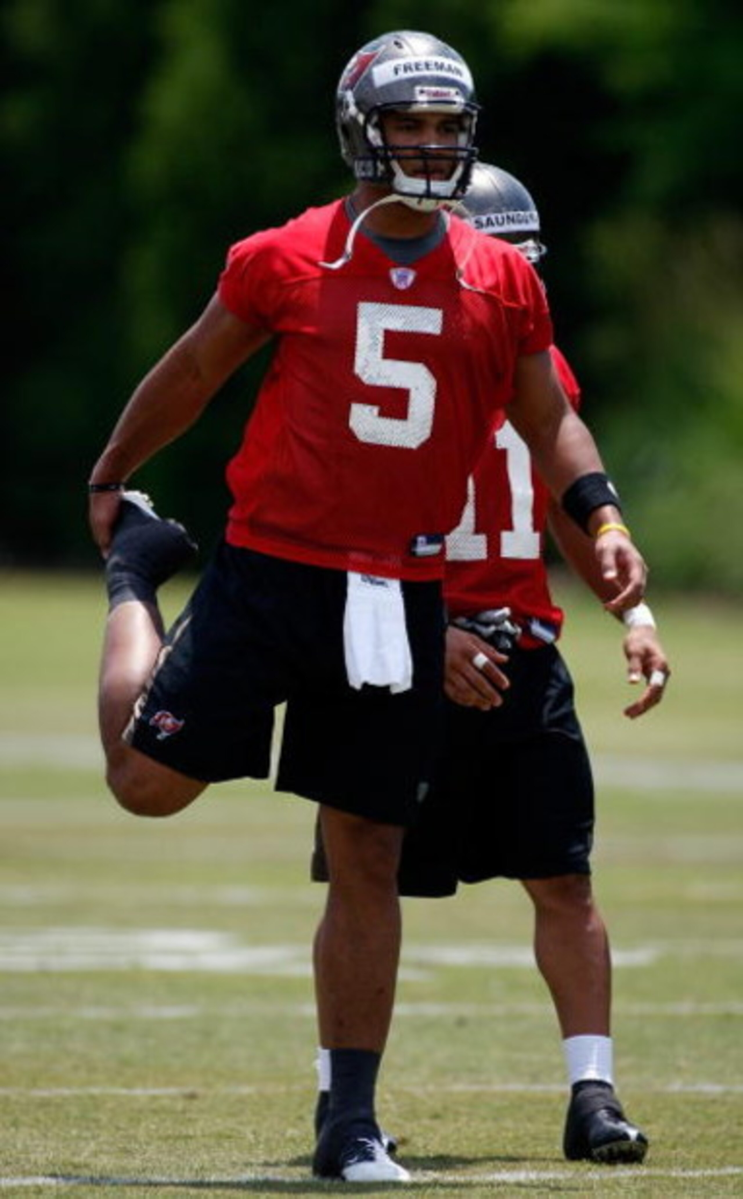 TAMPA, FL - MAY 01:  Quarterback Josh Freeman #5 of the Tampa Bay Buccaneers works out during the Buccaneers Rookie Minicamp at One Buccaneer Place on May 1, 2009 in Tampa, Florida.  (Photo by J. Meric/Getty Images)