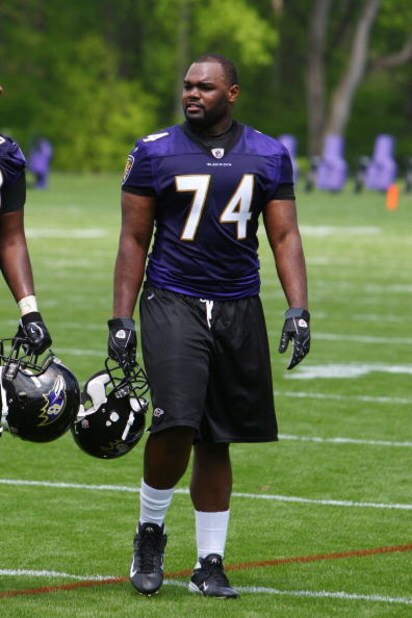 OWINGS MILLS, MARYLAND - MAY 8: Offensive lineman Michael Oher #74 of the Baltimore Ravens looks on during minicamp at the practice facility on May 8, 2009 in Owings Mills, Maryland. (Photo by Ned Dishman/Getty Images)