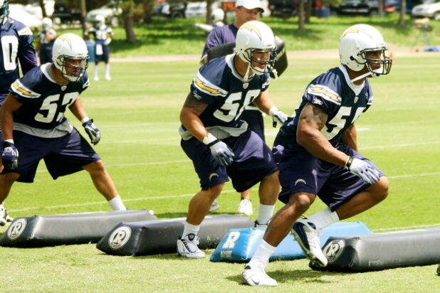 SAN DIEGO - MAY 03: Linebackers James Holt #53, Anthony Fielder #58 and Larry English #52 of the San Diego Chargers participate in a practice drill during minicamp at the Chargers training facility on May 3, 2009 in San Diego, California. (Photo by Kevin 