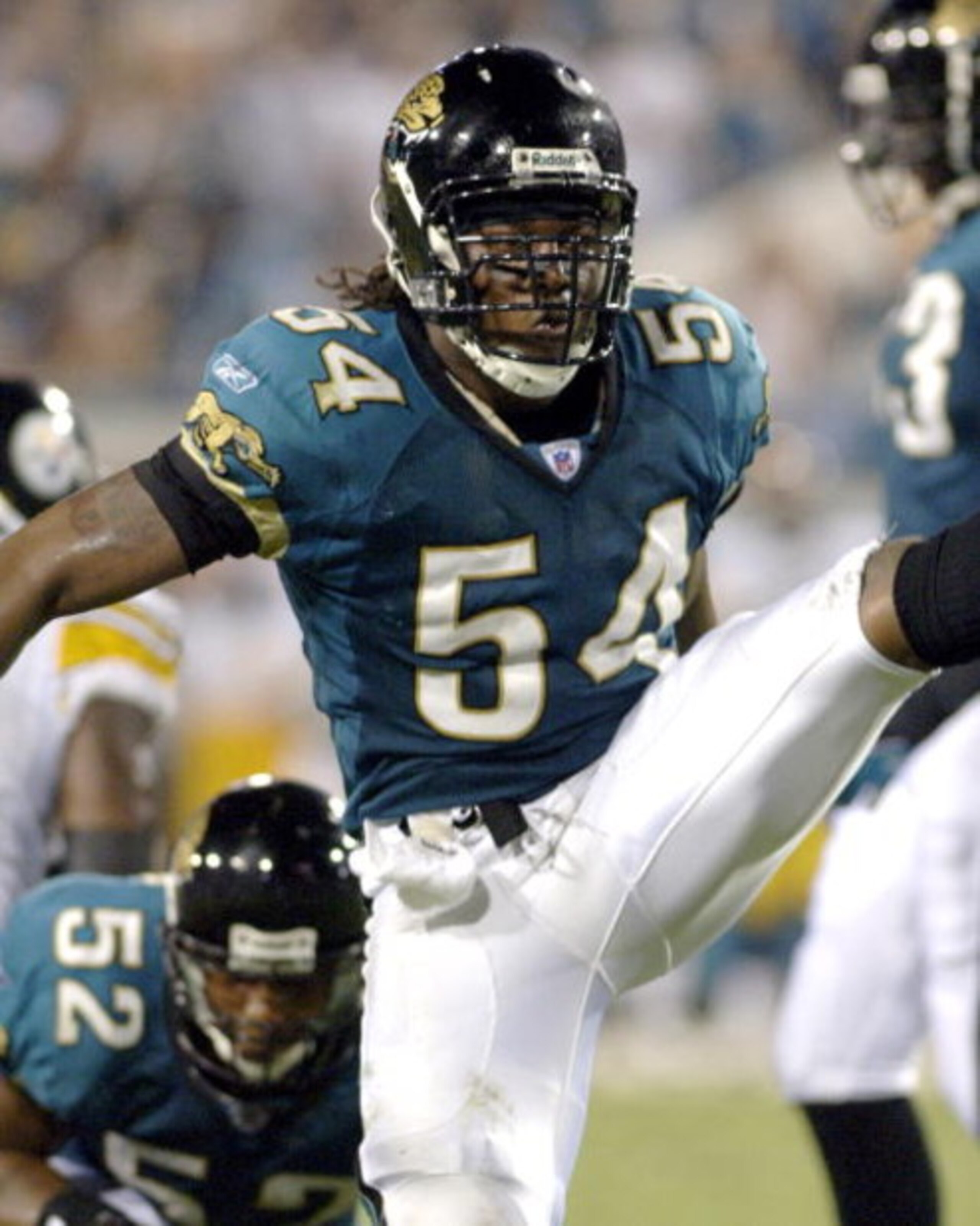 Jacksonville Jaguars linebacker Mike Peterson high kicks after a stop during the game between the Pittsburgh Steelers and the Jacksonville Jaguars at Alltel Stadium in Jacksonville, Florida on September 18, 2006. The Jaguars won 9-0.  (Photo by Al Messers