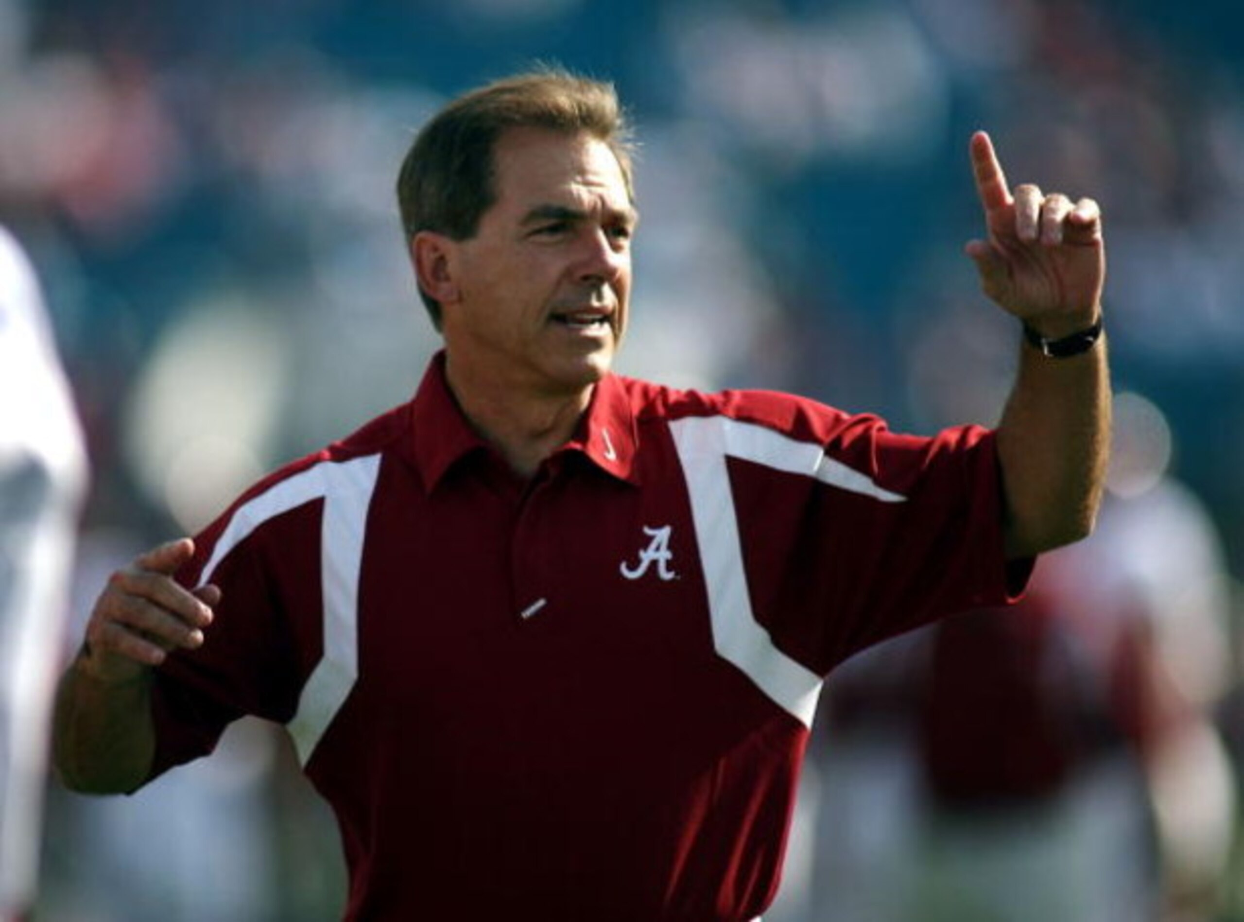 JACKSONVILLE, FL - SEPTEMBER 29:  University of Alabama coach Nick Saban directs his team prior to taking on Florida State University September 29, 2007 at Jacksonville Municipal Stadium in Jacksonville, Florida.  (Photo by Marc Serota/Getty Images)