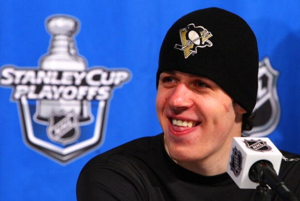 RALEIGH, NC - MAY 23:  Evgeni Malkin #71 of the Pittsburgh Penguins smiles as he talks to the media after their 6-2 win over the Carolina Hurricanes in Game Three of the Eastern Conference Championship Round of the 2009 Stanley Cup Playoffs at RBC Center 