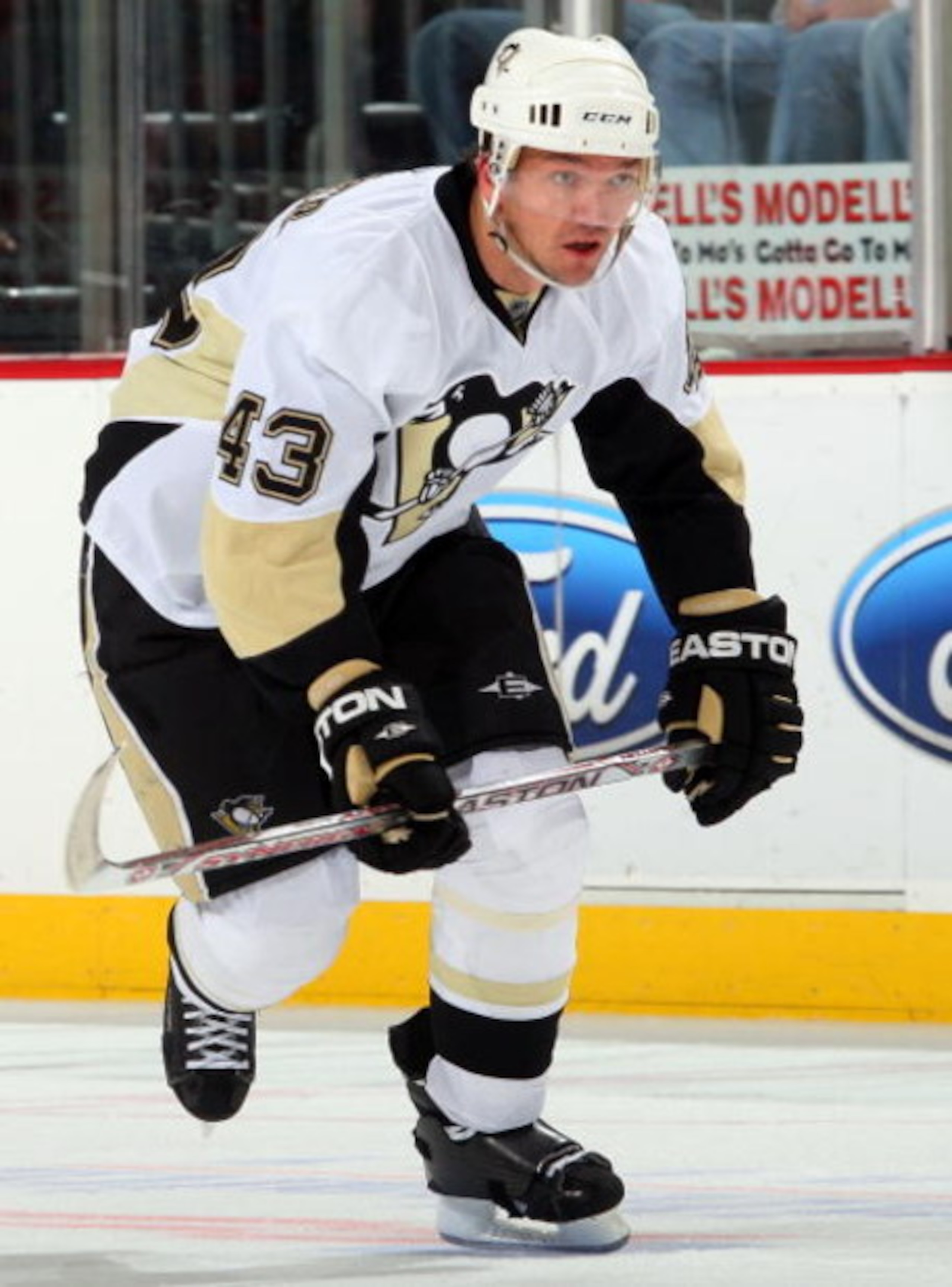 NEWARK, NJ - JANUARY 30:  Philippe Boucher #43 of the Pittsburgh Penguins skates against the New Jersey Devils at the Prudential Center on January 30, 2009 in Newark, New Jersey. The Devils defeated the Penguins 4-3 in overtime.  (Photo by Jim McIsaac/Get