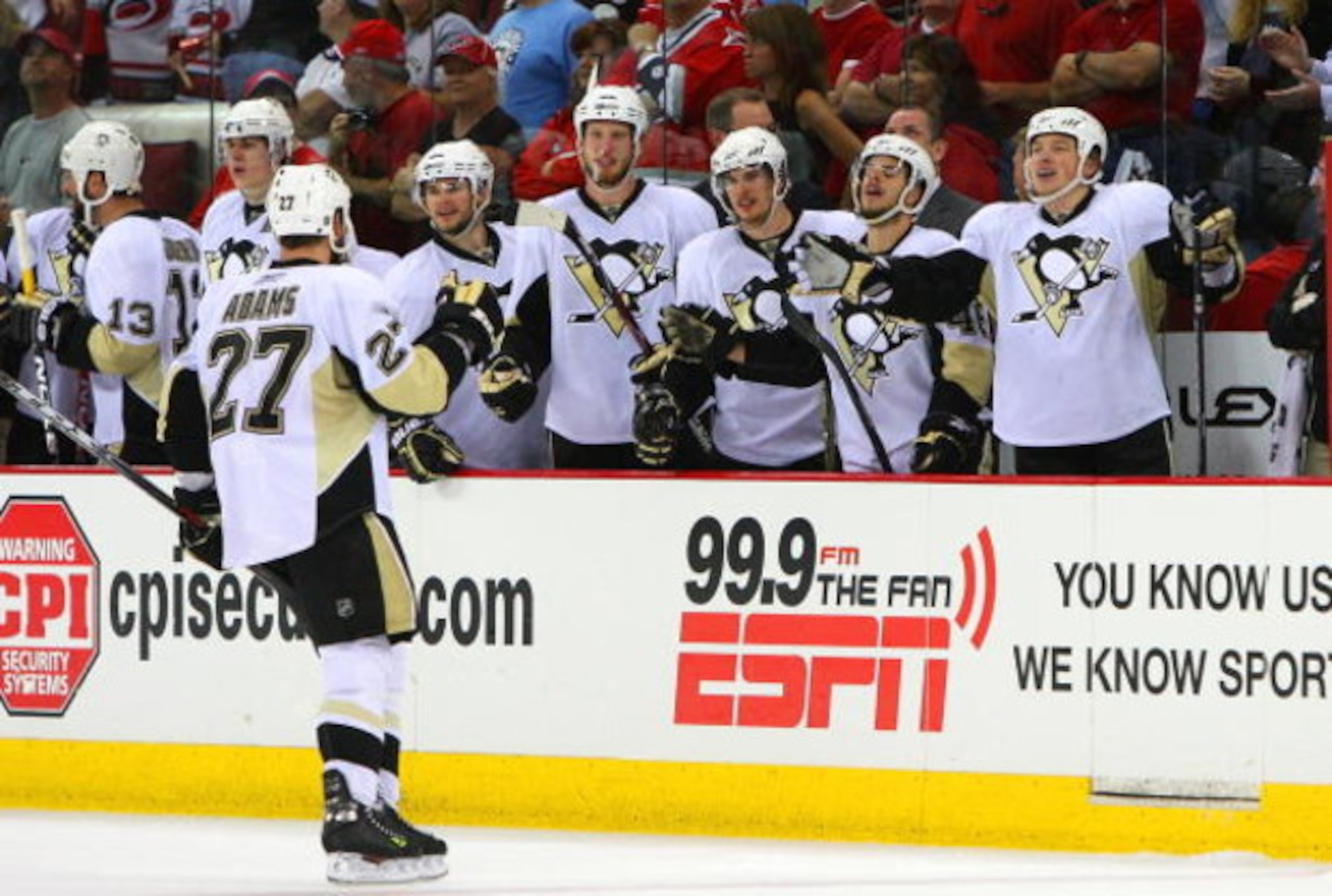 RALEIGH, NC - MAY 23:  Craig Adams #27 of the Pittsburgh Penguins celebrates his empty-netter against the Carolina Hurricanes during Game Three of the Eastern Conference Championship Round of the 2009 Stanley Cup Playoffs at RBC Center on May 23, 2009 in 