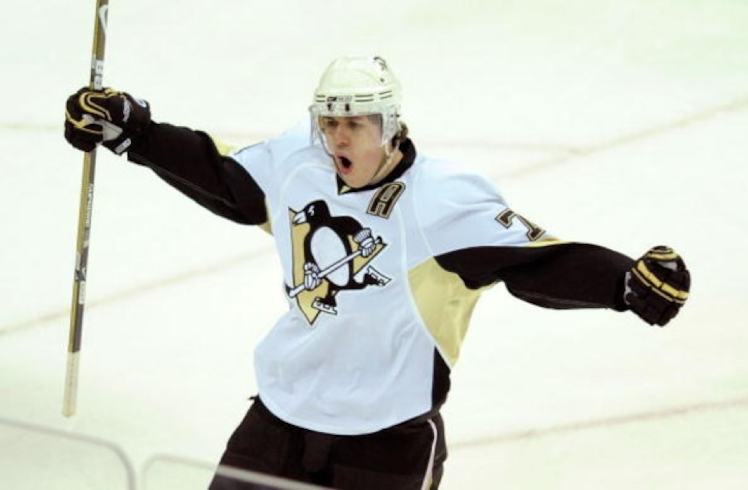 RALEIGH, NC - MAY 23:  Evgeni Malkin #71 of the Pittsburgh Penguins reacts after scoring a goal against the Carolina Hurricanes during Game Three of the Eastern Conference Championship Round of the 2009 Stanley Cup Playoffs at RBC Center on May 23, 2009 i