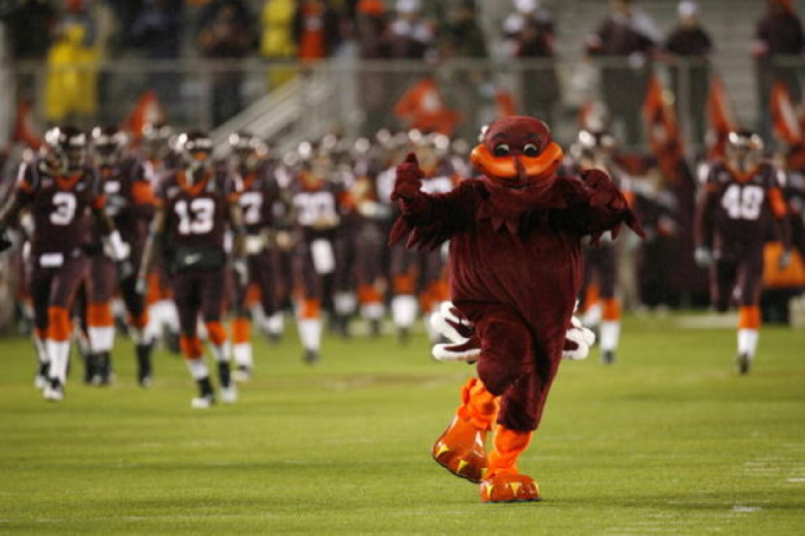 BLACKSBURG - OCTOBER 25:  The mascot of the Virginia Tech Hokies rallies the fans during the game against the Boston College Eagles at Lane Stadium on October 25, 2007 in Blacksburg, Virginia. (Photo by Kevin C. Cox/Getty Images)