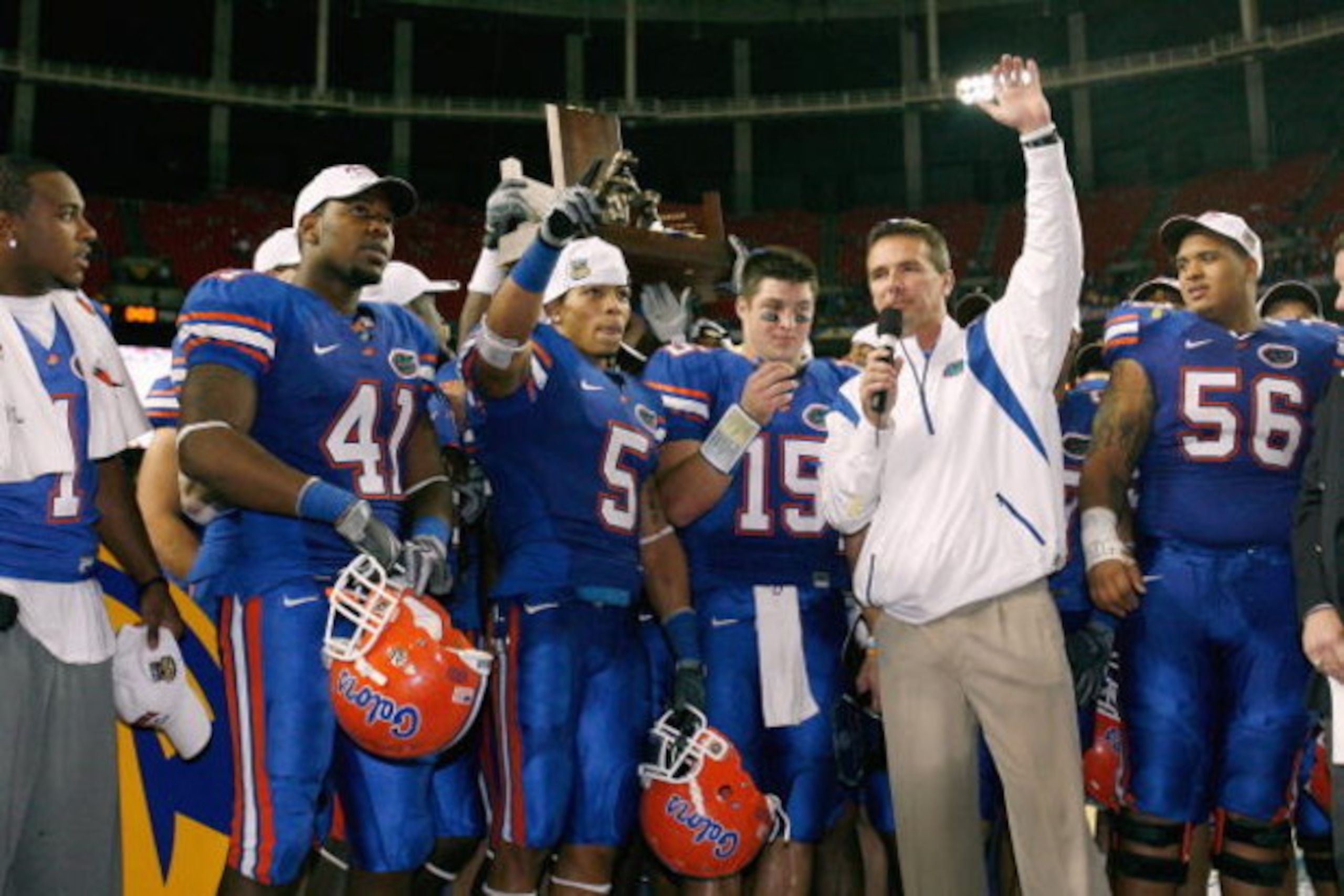 ATLANTA - DECEMBER 06:  Head coach Urban Meyer of the Florida Gators talks to the crowd as they celebrate their 31-20 win over the Alabama Crimson Tide in the SEC Championship on December 6, 2008 at the Georgia Dome in Atlanta, Georgia. (Photo by Kevin C.