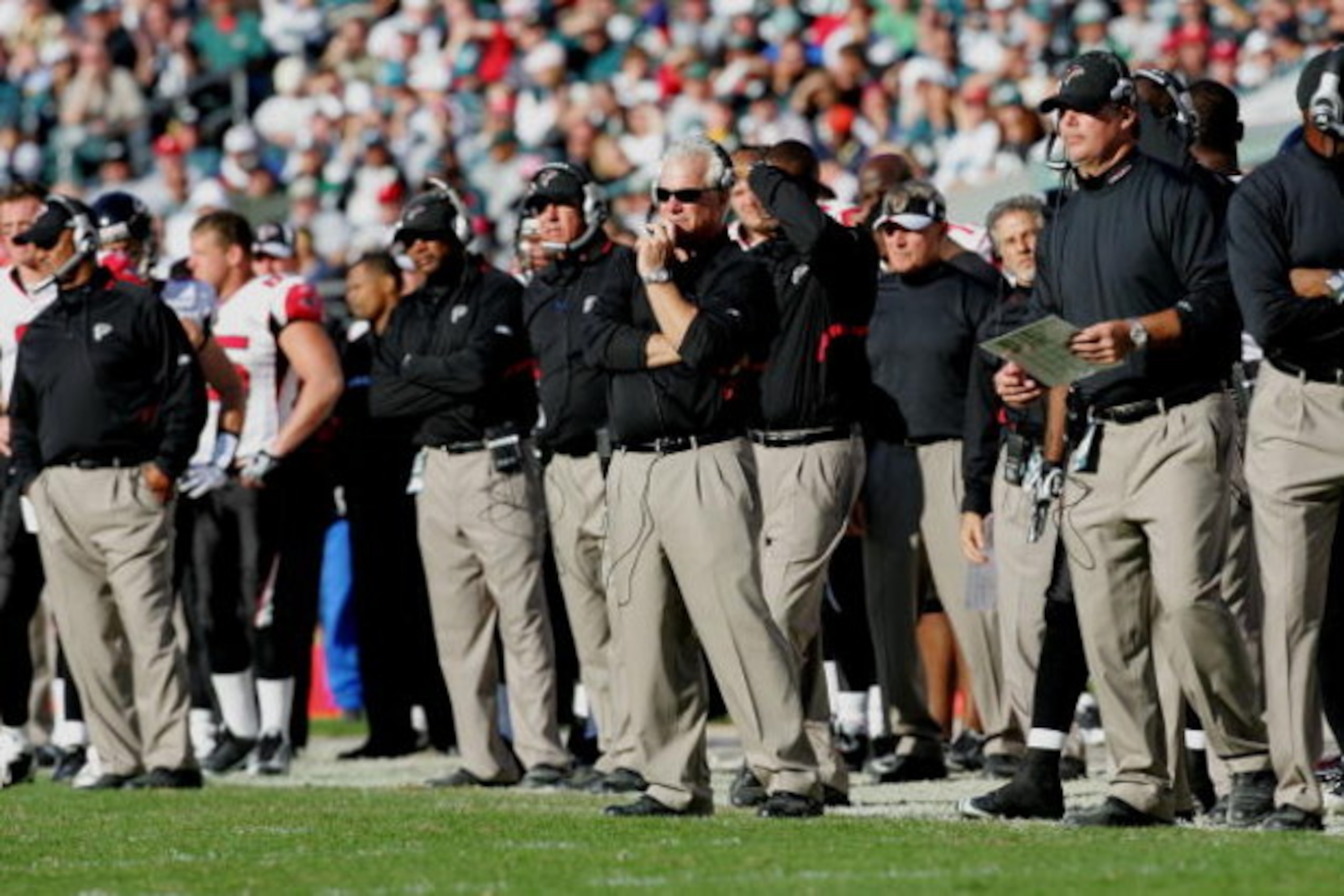 PHILADELPHIA - OCTOBER 26: Head coach Mike Smith of the Atlanta Falcons watches the game against the Philadelphia Eagles on October 26, 2008 at Lincoln Financial Field in Philadelphia, Pennsylvania. The Eagles defeated the Falcons 27-14.  (Photo by Chris 