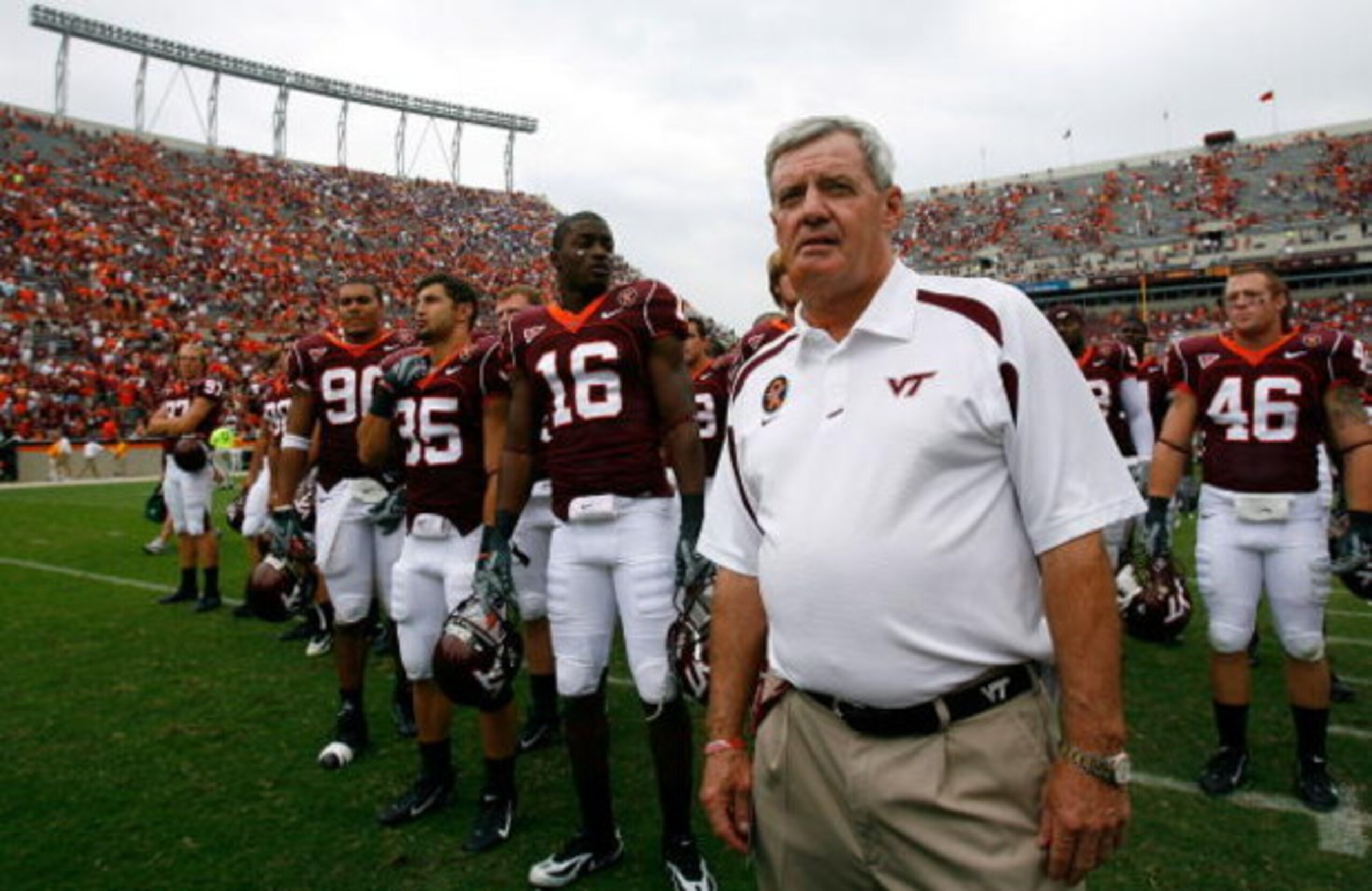 BLACKSBURG, VA - SEPTEMBER 01:  Head coach Frank Beamer of the Virginia Tech Hokies leads his team as the alma mata is played after the Hokies 17-7 win over the East Carolina Pirates at Lane Stadium September 1, 2007 in Blacksburg, Virginia.  (Photo by Ke