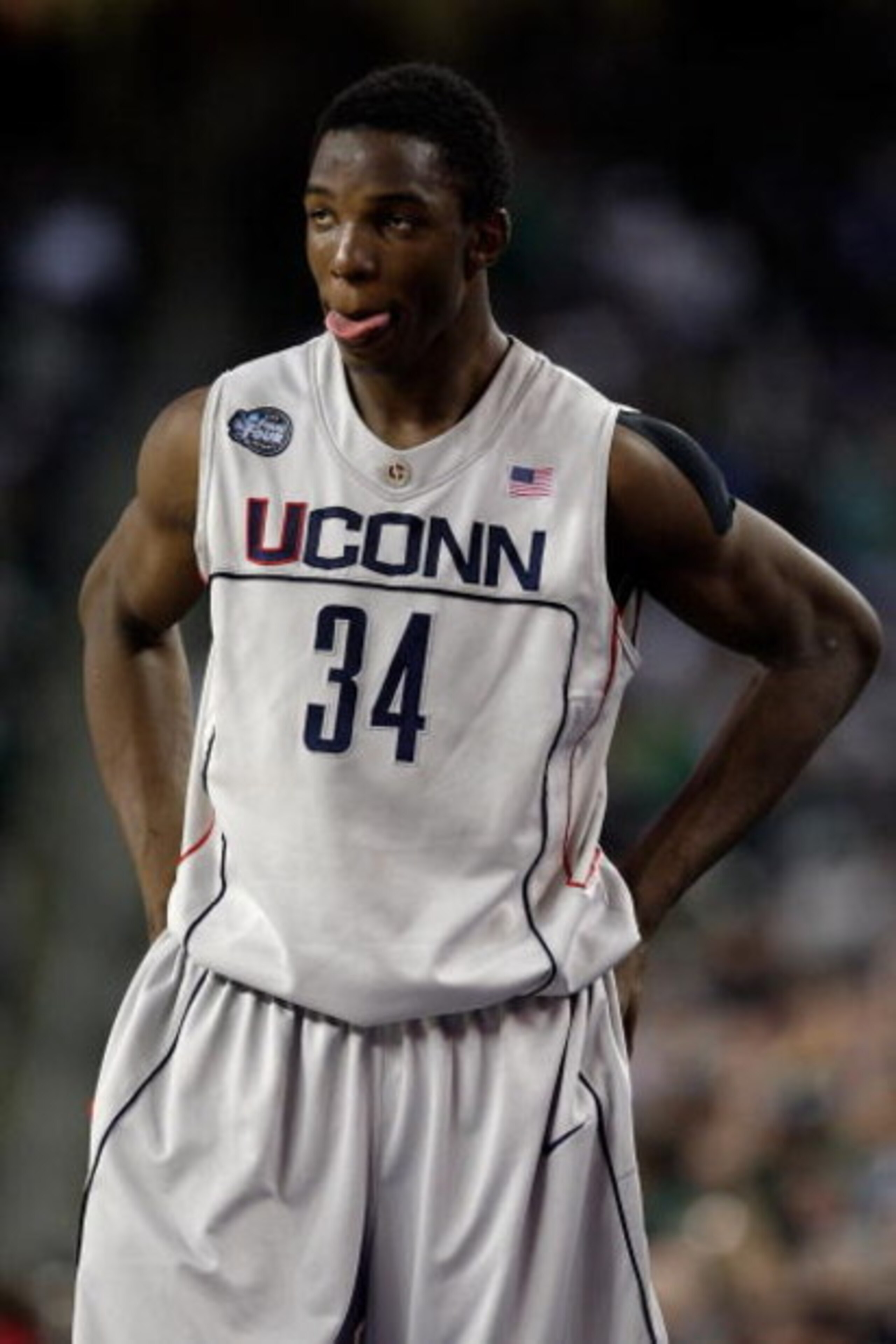 DETROIT - APRIL 04:  Hasheem Thabeet #34 of the Connecticut Huskies looks on while taking on the Michigan State Spartans during the National Semifinal game of the NCAA Division I Men's Basketball Championship at Ford Field on April 4, 2009 in Detroit, Mic