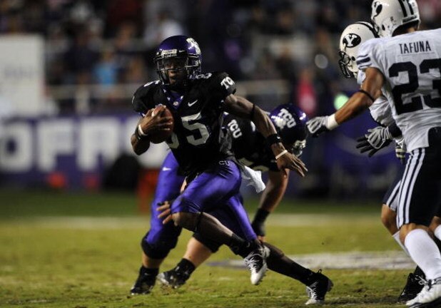 FORT WORTH, TX - OCTOBER 16:  Wide receiver Jeremy Kerley #85 of the TCU Horned Frogs runs for a touchdown in the first quarter at Amon G. Carter Stadium on October 16, 2008 in Fort Worth, Texas.  (Photo by Ronald Martinez/Getty Images)