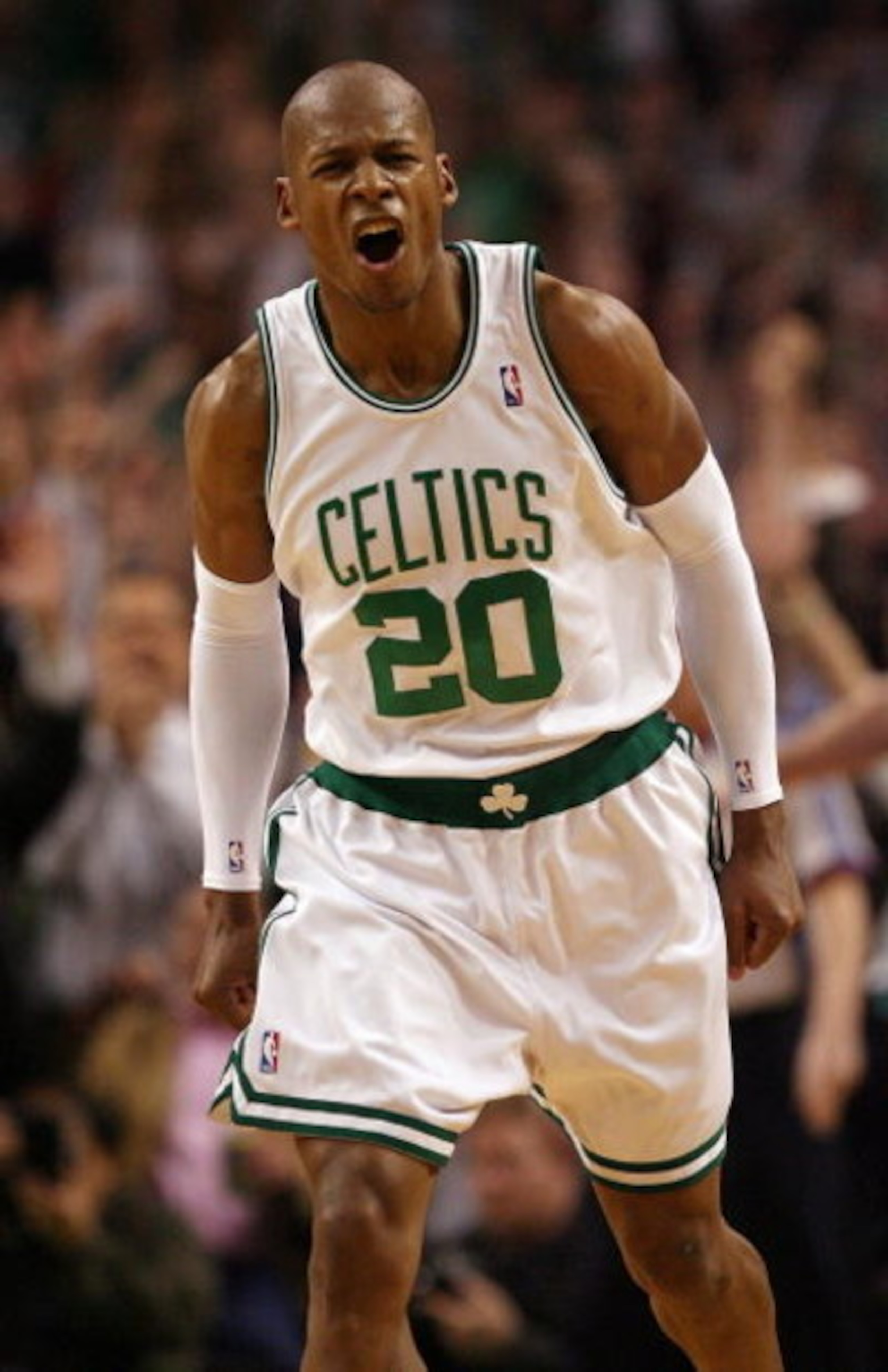 BOSTON - MAY 12:  Ray Allen #20 of the Boston Celtics celebrates his three point shot to give them the lead over the Orlando Magic in the final minutes in Game Five of the Eastern Conference Semifinals during the 2009 NBA Playoffs at TD Banknorth Garden M