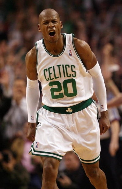 BOSTON - MAY 12:  Ray Allen #20 of the Boston Celtics celebrates his three point shot to give them the lead over the Orlando Magic in the final minutes in Game Five of the Eastern Conference Semifinals during the 2009 NBA Playoffs at TD Banknorth Garden M