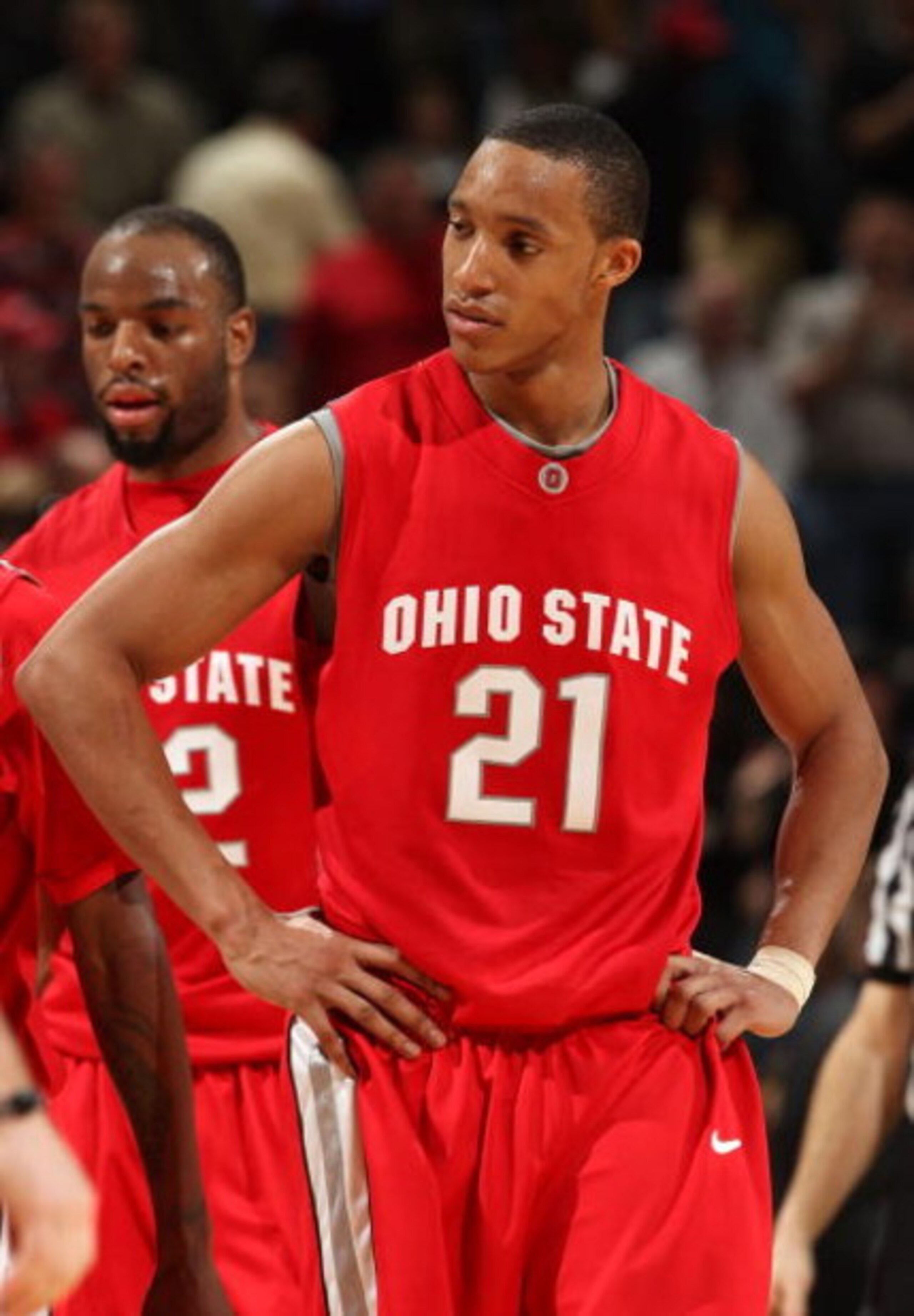 INDIANAPOLIS - MARCH 15:  Evan Turner #21 of the Ohio State Buckeyes looks on dejected against the Purdue Boilermakers during the final of the Big Ten Men's Basketball Tournament at Conseco Fieldhouse on March 15, 2009 in Indianapolis, Indiana.  (Photo by