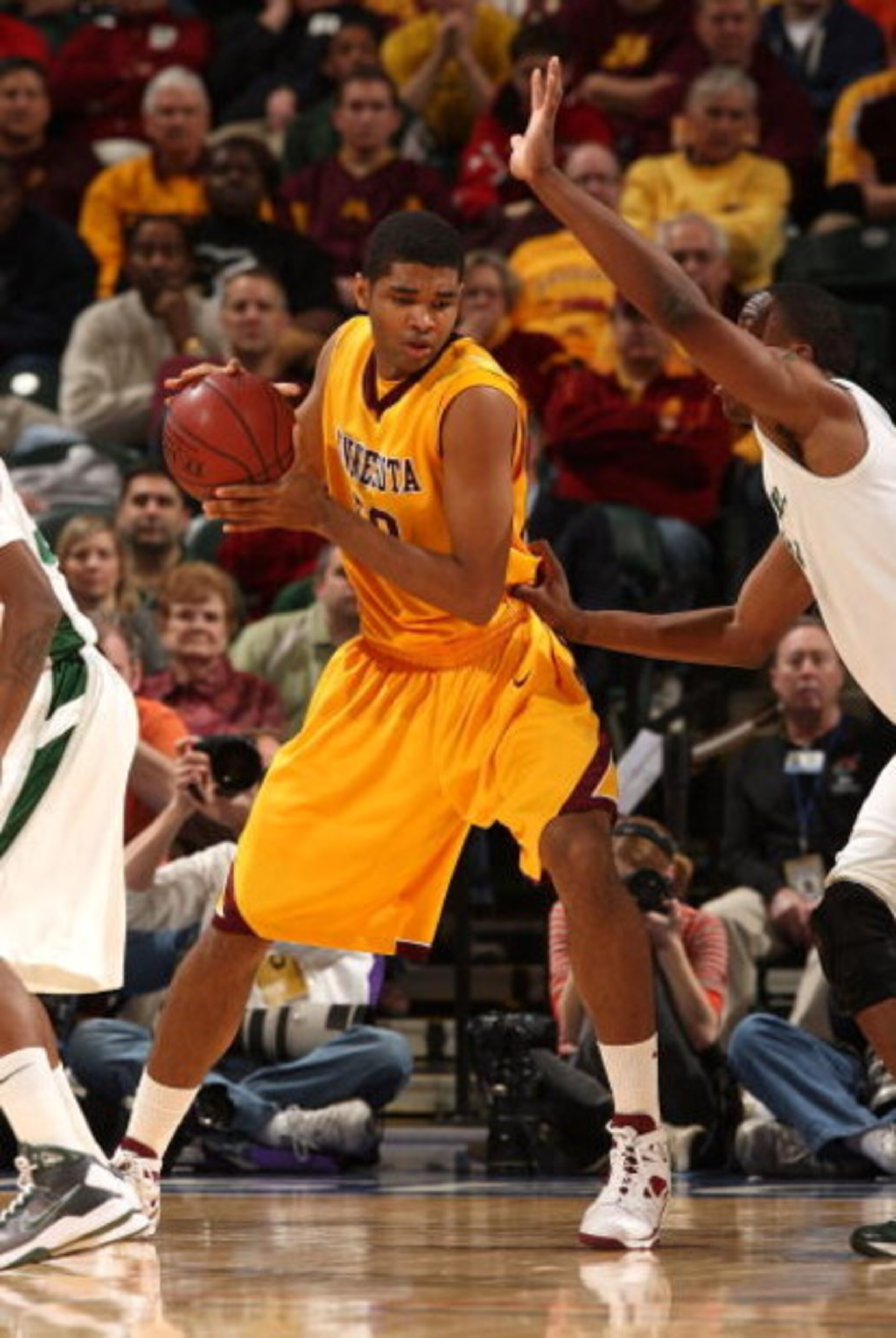 INDIANAPOLIS - MARCH 13:  Ralph Sampson III #50 of the Minnesota Golden Gophers controls the ball in the post against the Michigan State Spartans during the second round of the Big Ten Men's Basketball Tournament at Conseco Fieldhouse on March 13, 2009 in