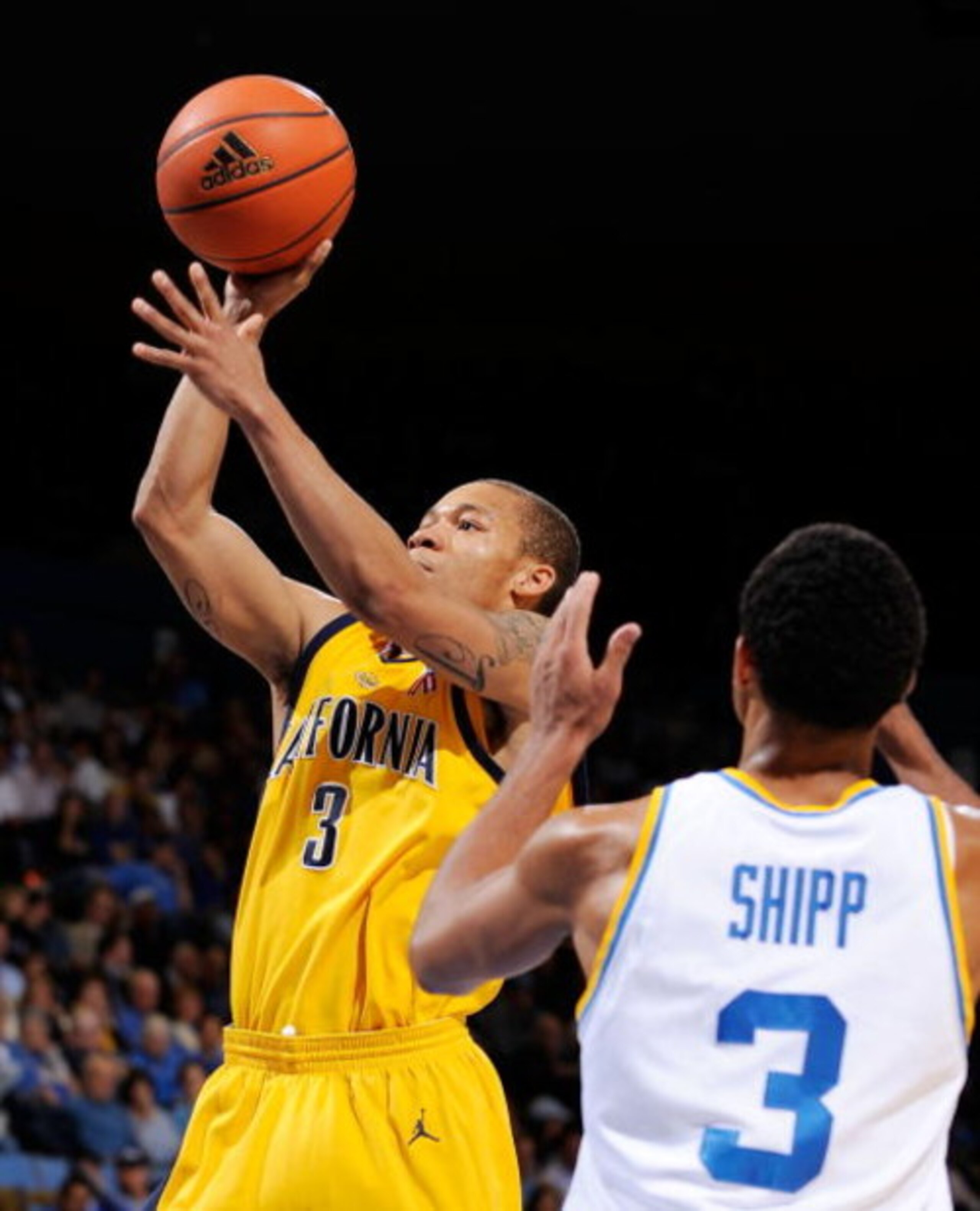 WESTWOOD, CA - JANUARY 29: Jerome Randle #3 of the University of California Golden Bears scores against Josh Shipp #3 of the UCLA Bruins during the first half of the game at Pauley Pavilion on January 29, 2009 in Westwood, California. UCLA won, 81-66.  (P