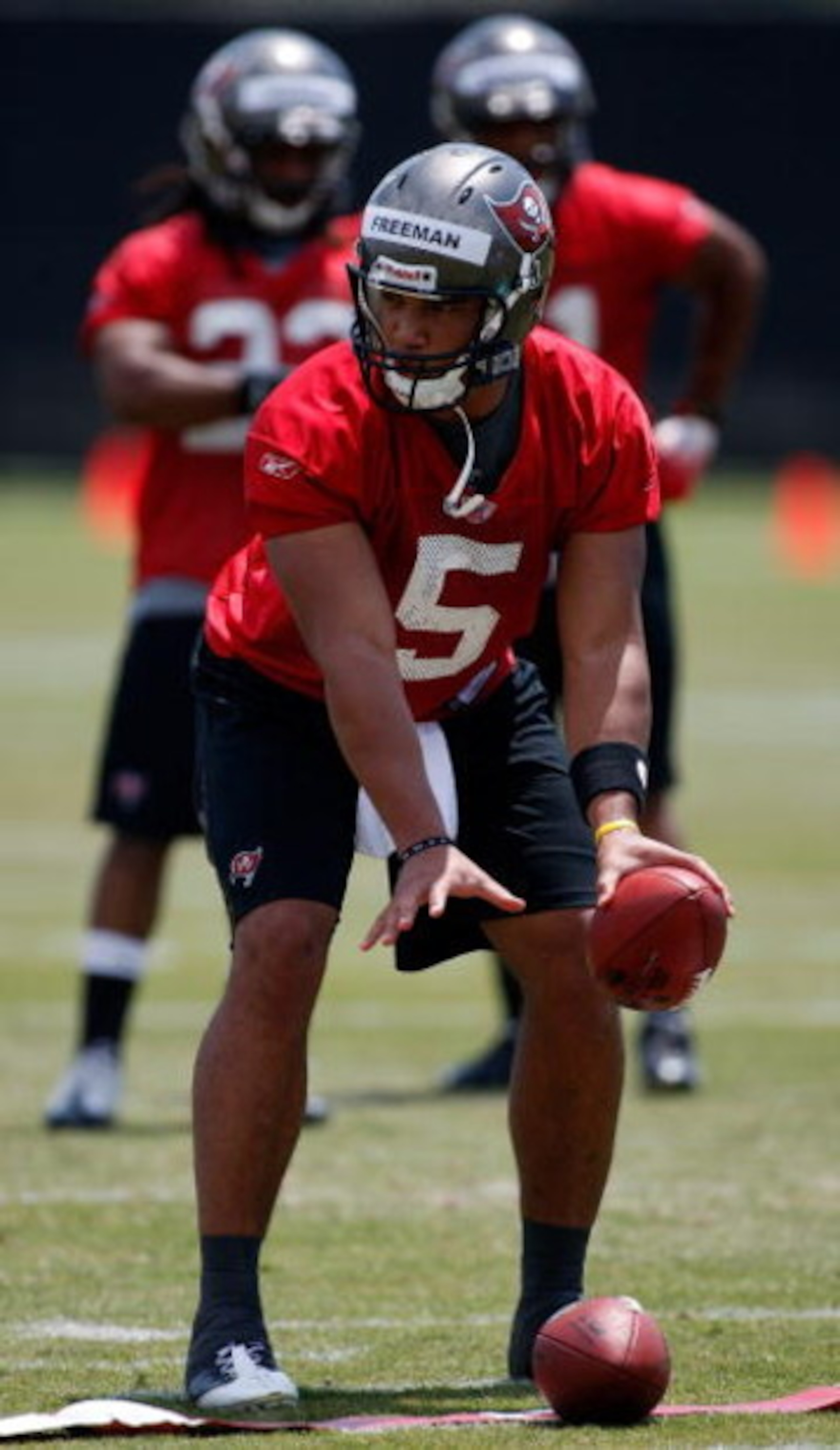 TAMPA, FL - MAY 01:  Quarterback Josh Freeman #5 of the Tampa Bay Buccaneers works out during the Buccaneers Rookie Minicamp at One Buccaneer Place on May 1, 2009 in Tampa, Florida.  (Photo by J. Meric/Getty Images)