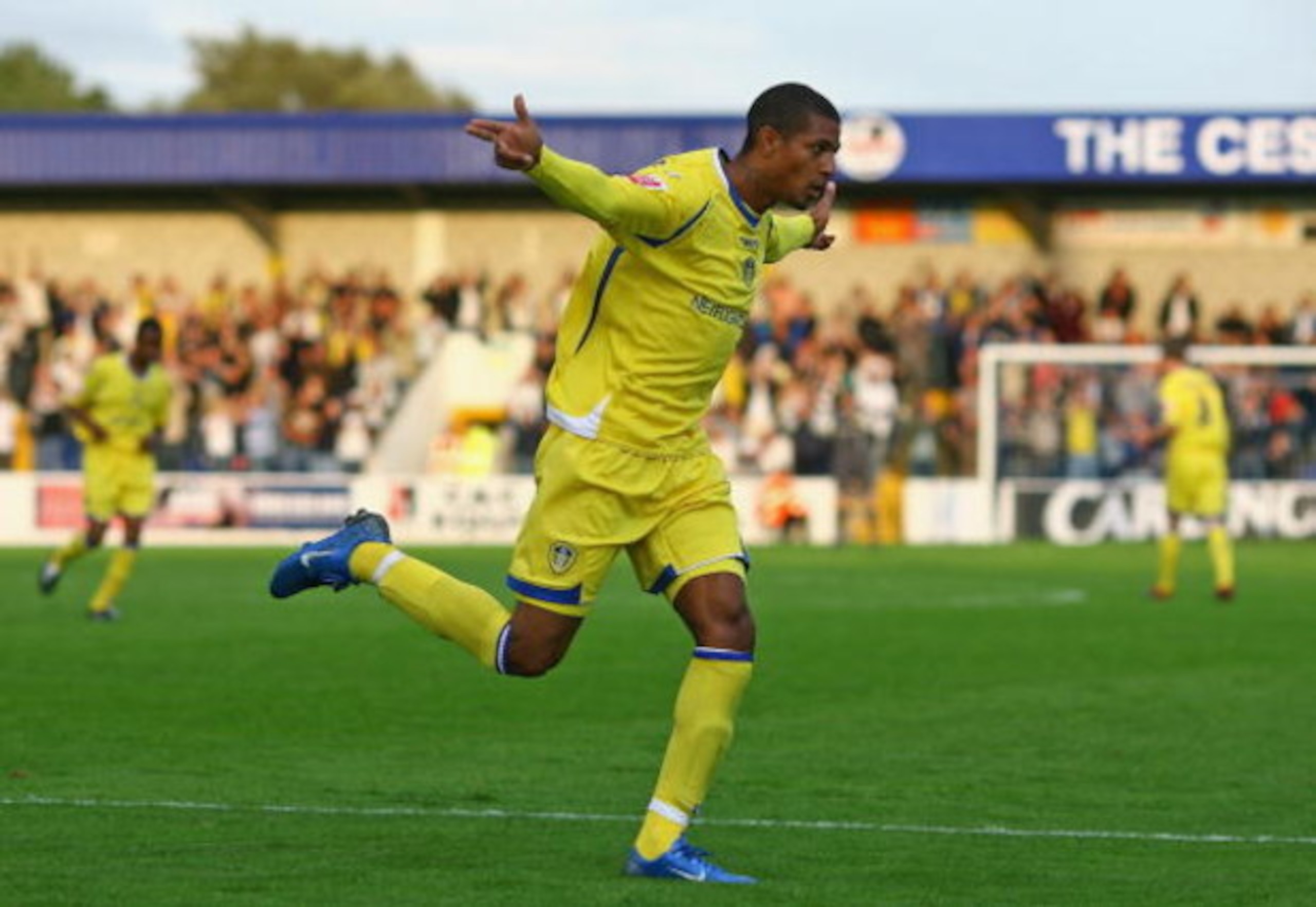 CHESTER, UNITED KINGDOM - AUGUST 12:  Jermaine Beckford of Leeds United celebrates after scoring his second goal during the Carling Cup first round match between Chester City and Leeds United at the Deva Stadium on August 12, 2008 in Chester, England.  (P