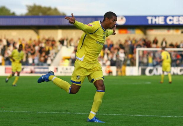 CHESTER, UNITED KINGDOM - AUGUST 12:  Jermaine Beckford of Leeds United celebrates after scoring his second goal during the Carling Cup first round match between Chester City and Leeds United at the Deva Stadium on August 12, 2008 in Chester, England.  (P