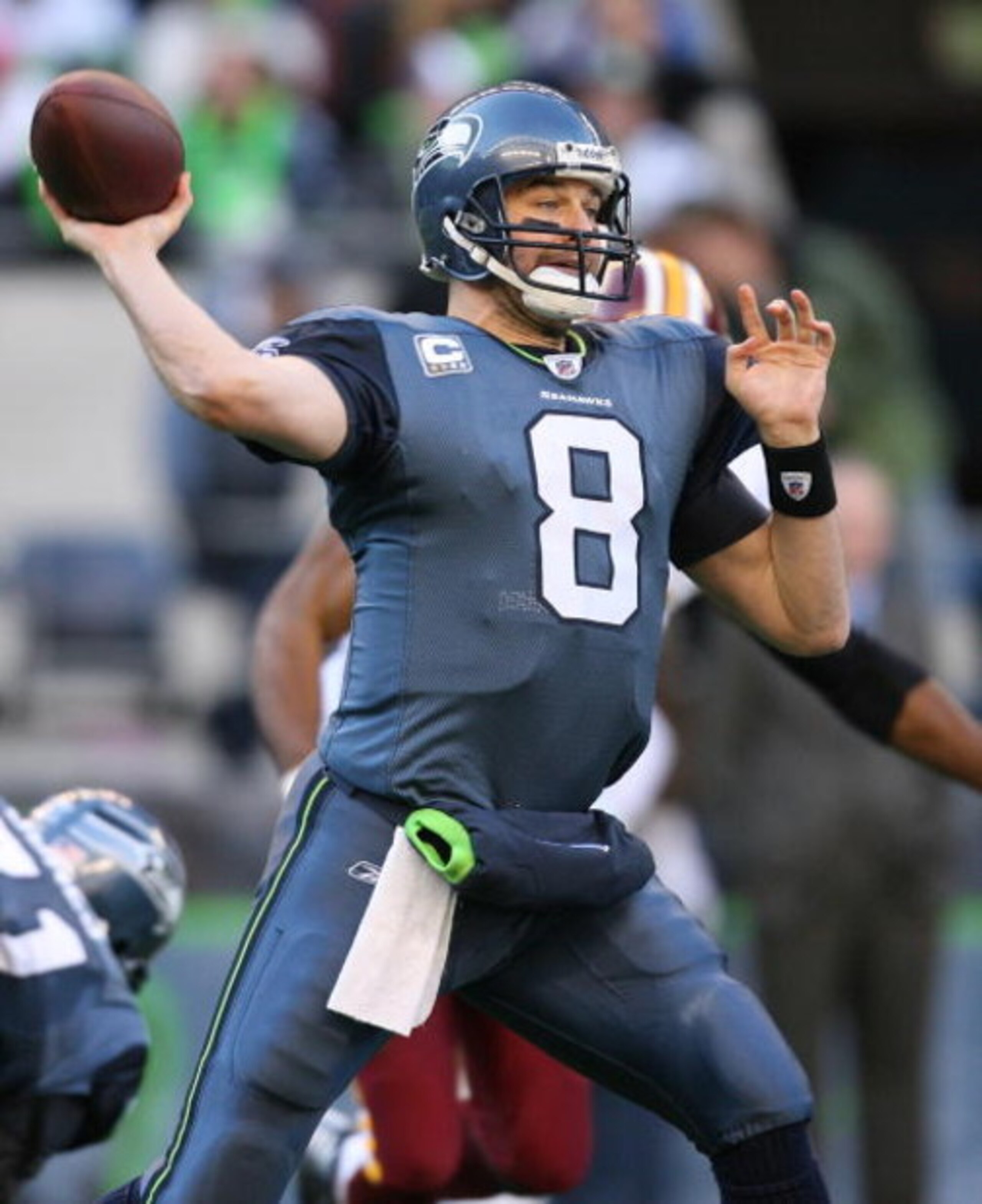 SEATTLE - NOVEMBER 23:  Quarterback Matt Hasselbeck #8 of the Seattle Seahawks passes against the Washington Redskins on November 23, 2008 at Qwest Field in Seattle, Washington. The Redskins defeated the  20-17. (Photo by Otto Greule Jr/Getty Images)