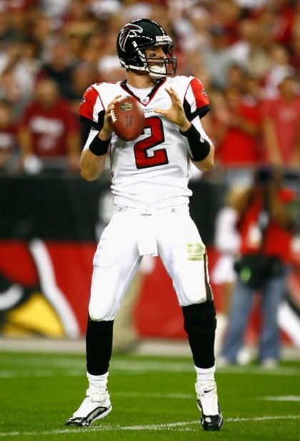 GLENDALE, AZ - JANUARY 03:  Quarterback Matt Ryan #2 of the Atlanta Falcons drops back to pass in the NFC Wild Card Game against the Arizona Cardinals on January 3, 2009 at University of Phoenix Stadium in Glendale, Arizona. The Cardinals defeated the Fal