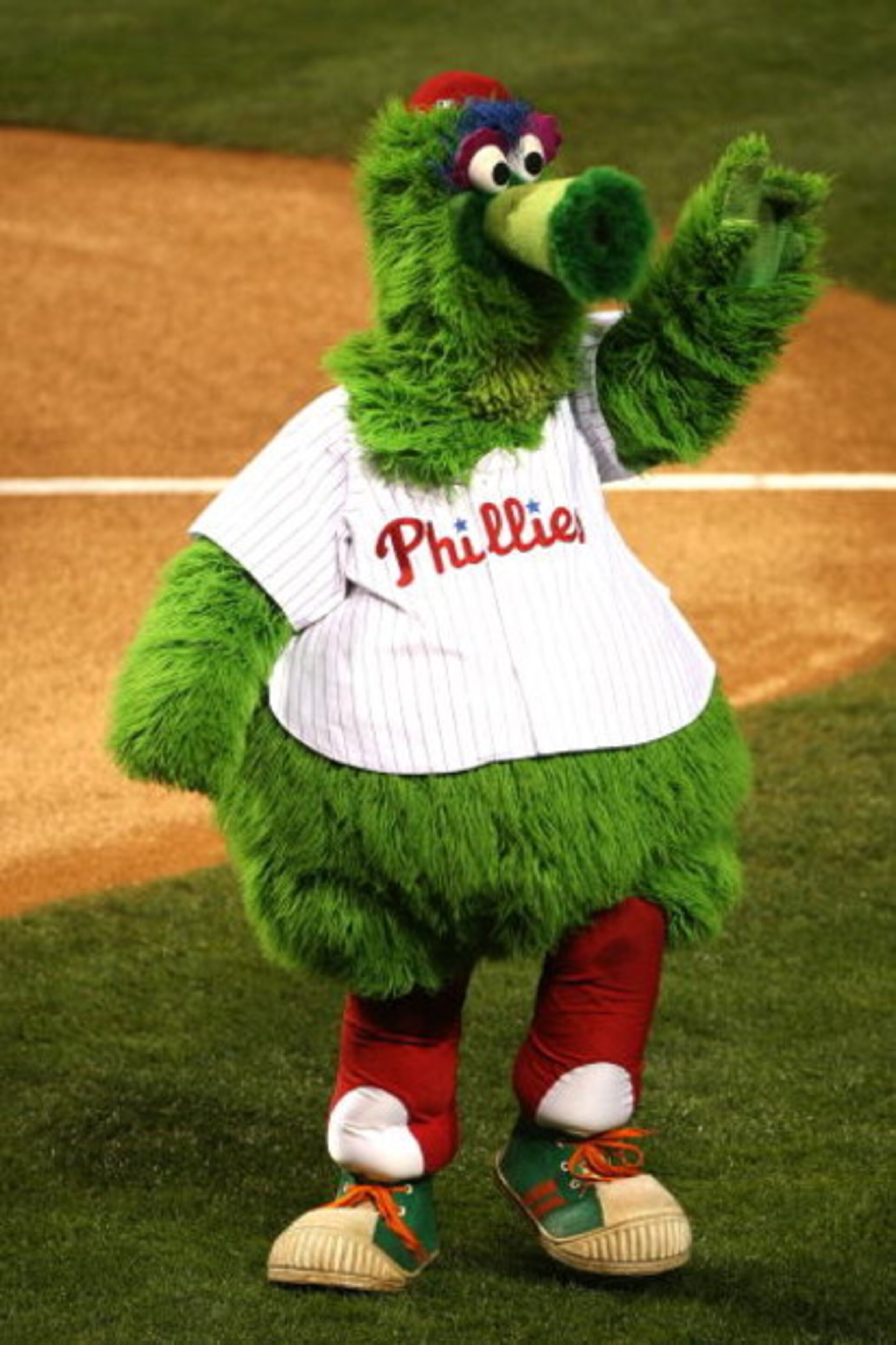 PHILADELPHIA - OCTOBER 25:  The Philadelphia Phillies mascot Philly Fanatic cheers with the crowd before taking on the Tampa Bay Rays during game three of the 2008 MLB World Series on October 25, 2008 at Citizens Bank Park in Philadelphia, Pennsylvania.  