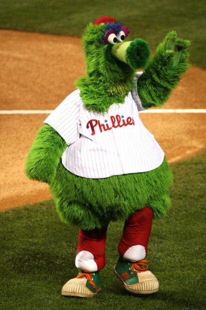 PHILADELPHIA - OCTOBER 25:  The Philadelphia Phillies mascot Philly Fanatic cheers with the crowd before taking on the Tampa Bay Rays during game three of the 2008 MLB World Series on October 25, 2008 at Citizens Bank Park in Philadelphia, Pennsylvania.  