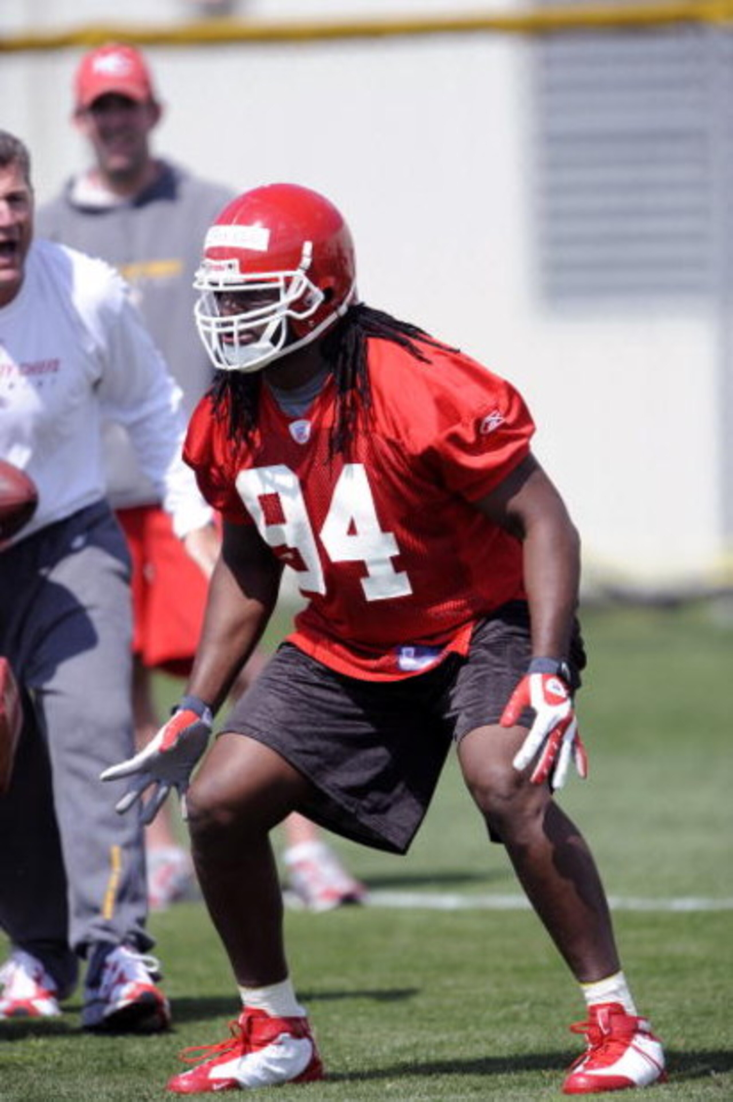 KANSAS CITY, MO - MAY 9:  First round draft choice Tyson Jackson #94 of the Kansas City Chiefs goes through a drill during rookie minicamp at the Chiefs practice facility on May 9, 2009 in Kansas City, Missouri. (Photo by G. Newman Lowrance/Getty Images)