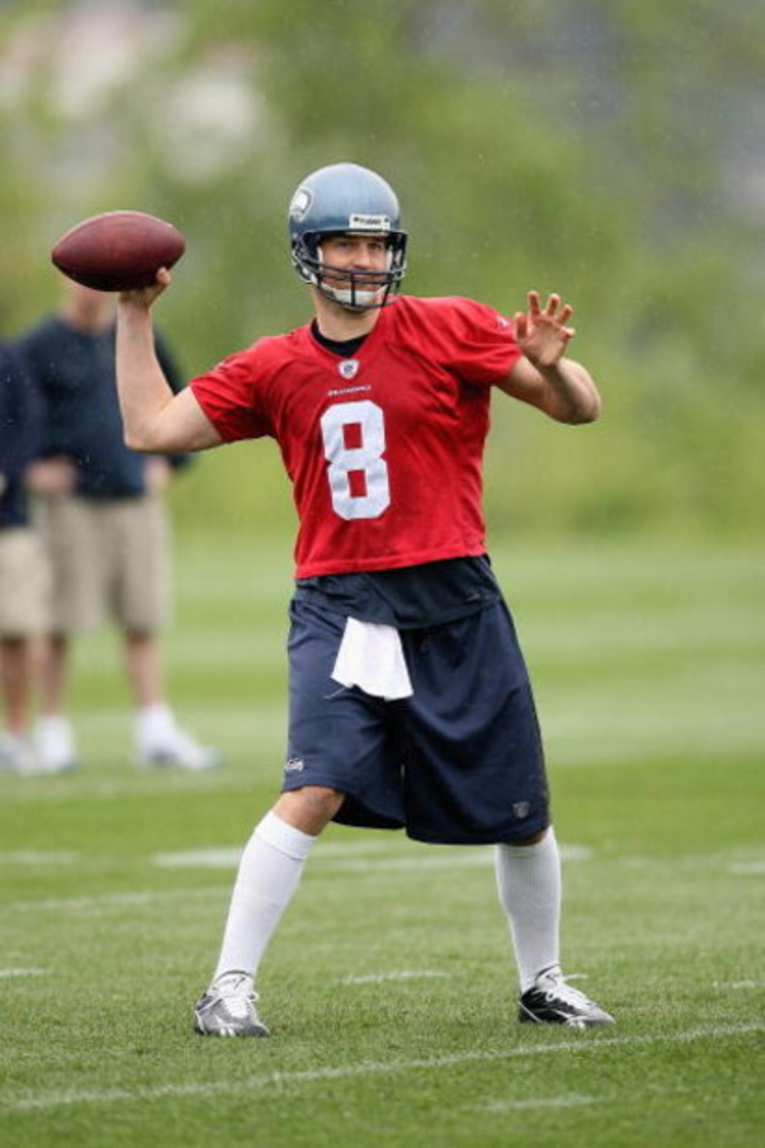 RENTON, WA - MAY 2:  Matt Hasselbeck #8 of the Seattle Seahawks throws the ball during minicamp at the Seahawks training facility on May 2, 2009 in Renton, Washington. (Photo by Otto Greule Jr/Getty Images) 