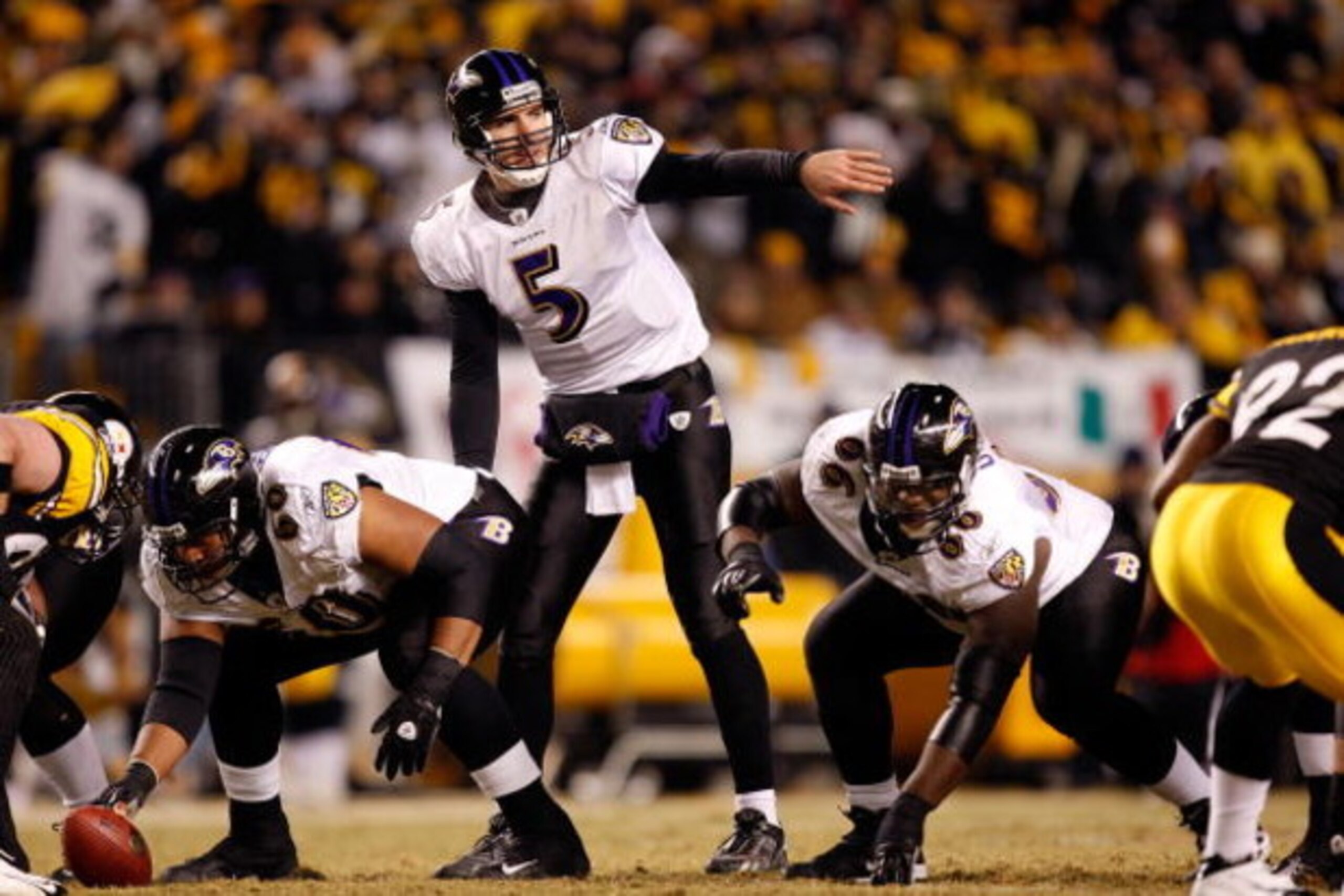 PITTSBURGH - JANUARY 18:  Joe Flacco #5 of the Baltimore Ravens calls out signals at the line of scrimmmage against the Pittsburgh Steelers during the AFC Championship game on January 18, 2009 at Heinz Field in Pittsburgh, Pennsylvania.  (Photo by Streete