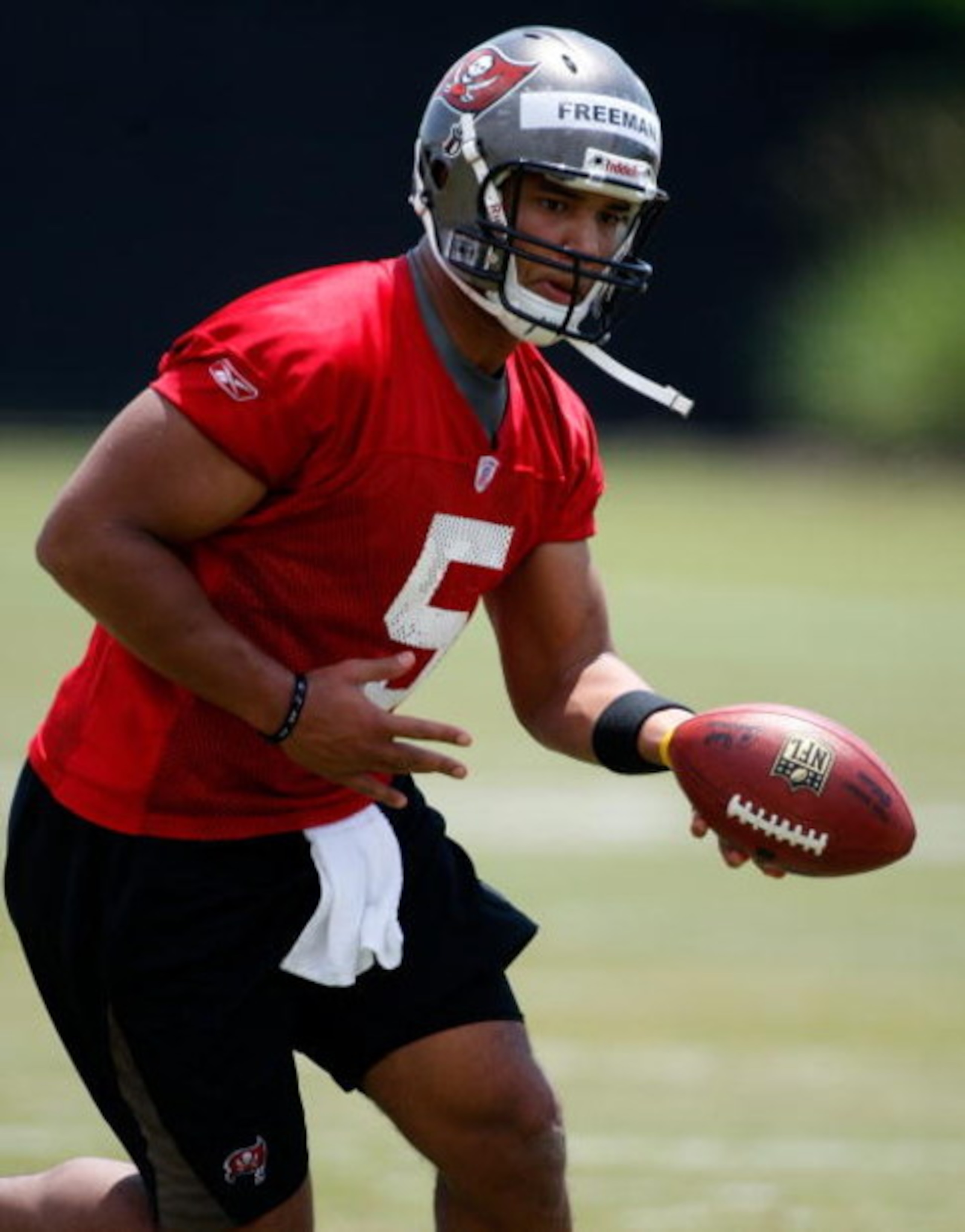 TAMPA, FL - MAY 01:  Quarterback Josh Freeman #5 of the Tampa Bay Buccaneers works out during the Buccaneers Rookie Minicamp at One Buccaneer Place on May 1, 2009 in Tampa, Florida.  (Photo by J. Meric/Getty Images)