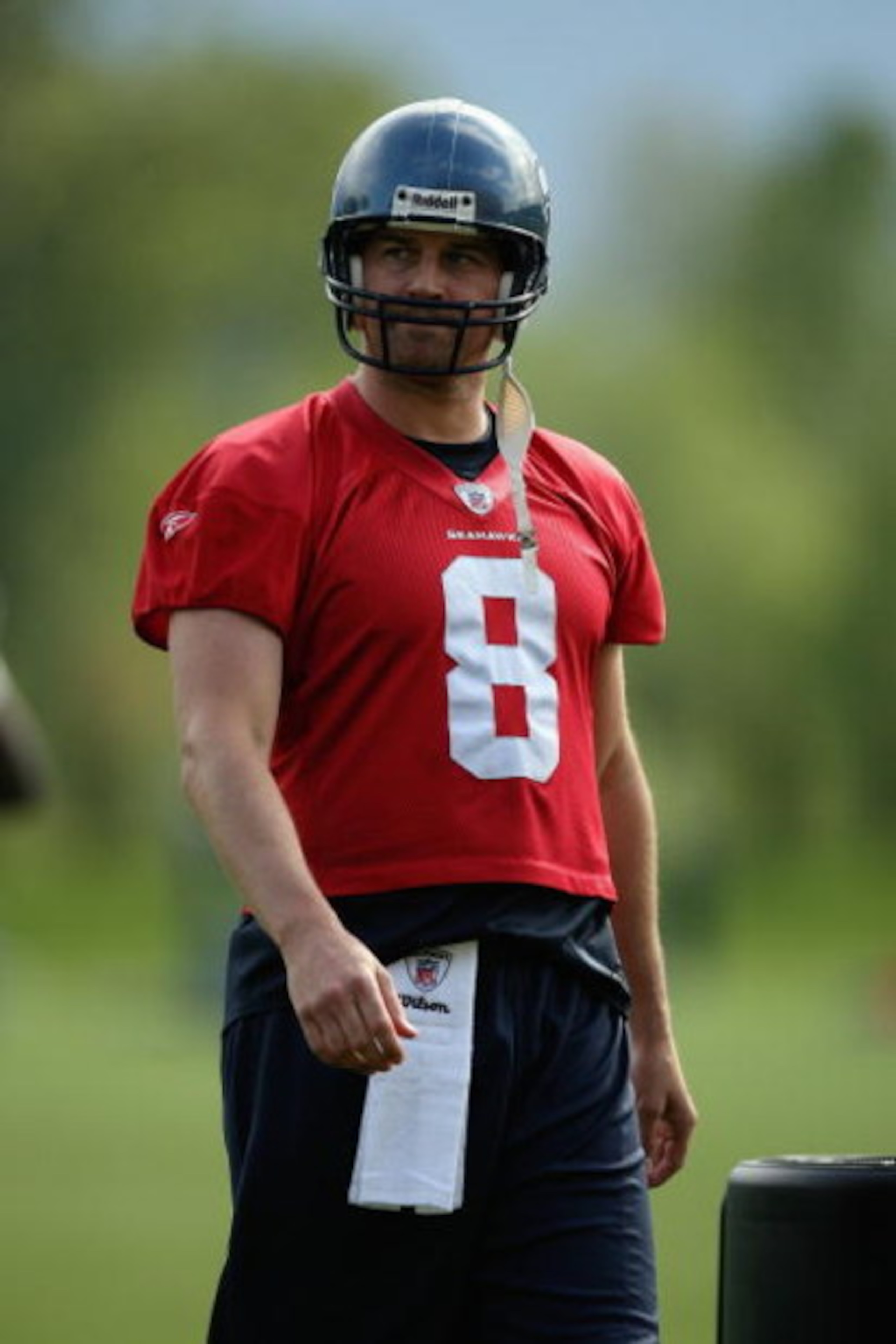 RENTON, WA - MAY 2:  Matt Hasselbeck #8 of the Seattle Seahawks looks on during minicamp at the Seahawks training facility on May 2, 2009 in Renton, Washington. (Photo by Otto Greule Jr/Getty Images) 